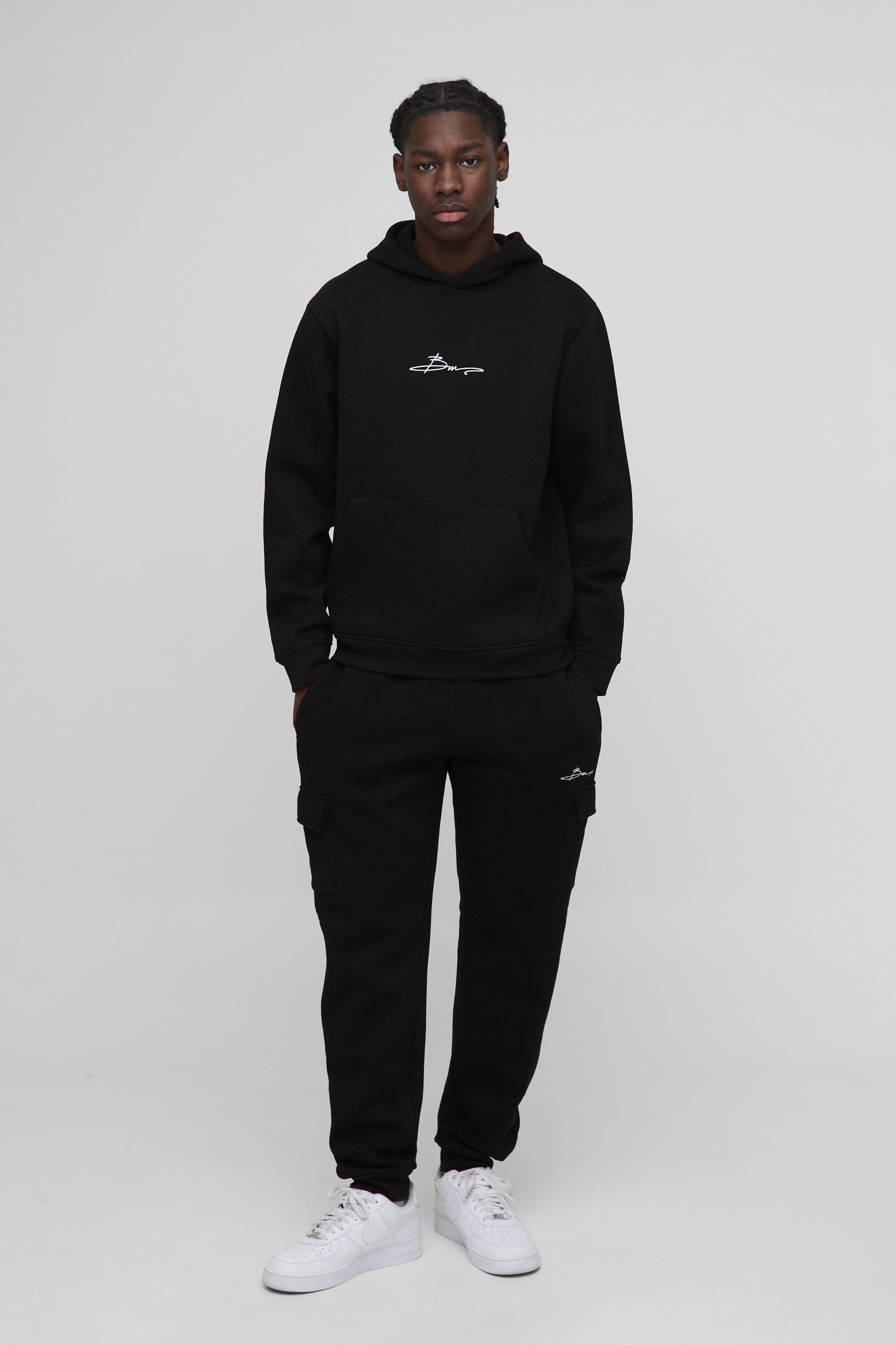 Mens Black Regular Fit BM Signature Hooded Cargo Tracksuit, Black
