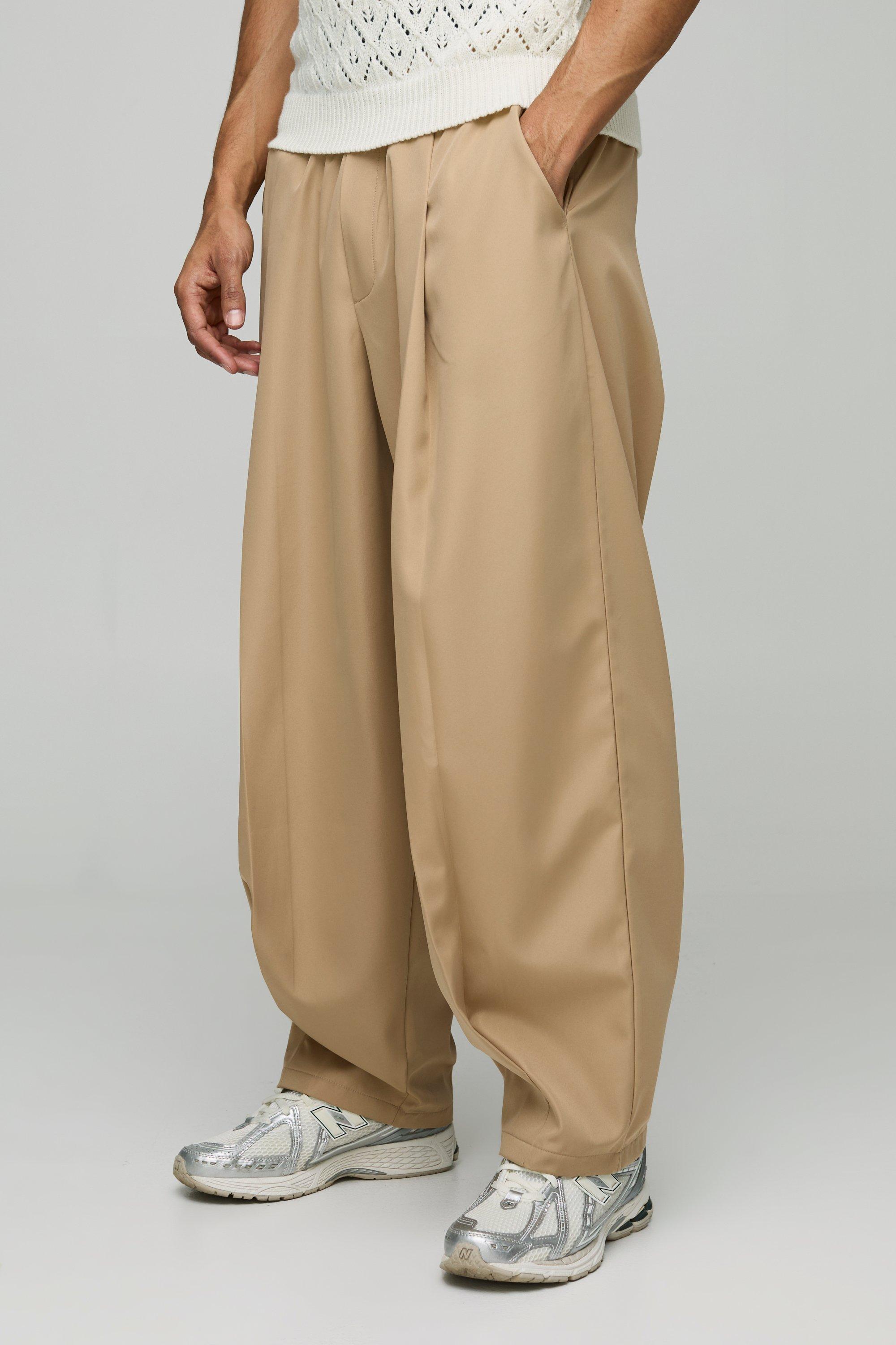 Mens Beige Elasticated Waist Balloon Fit Pleated Front Trousers, Beige