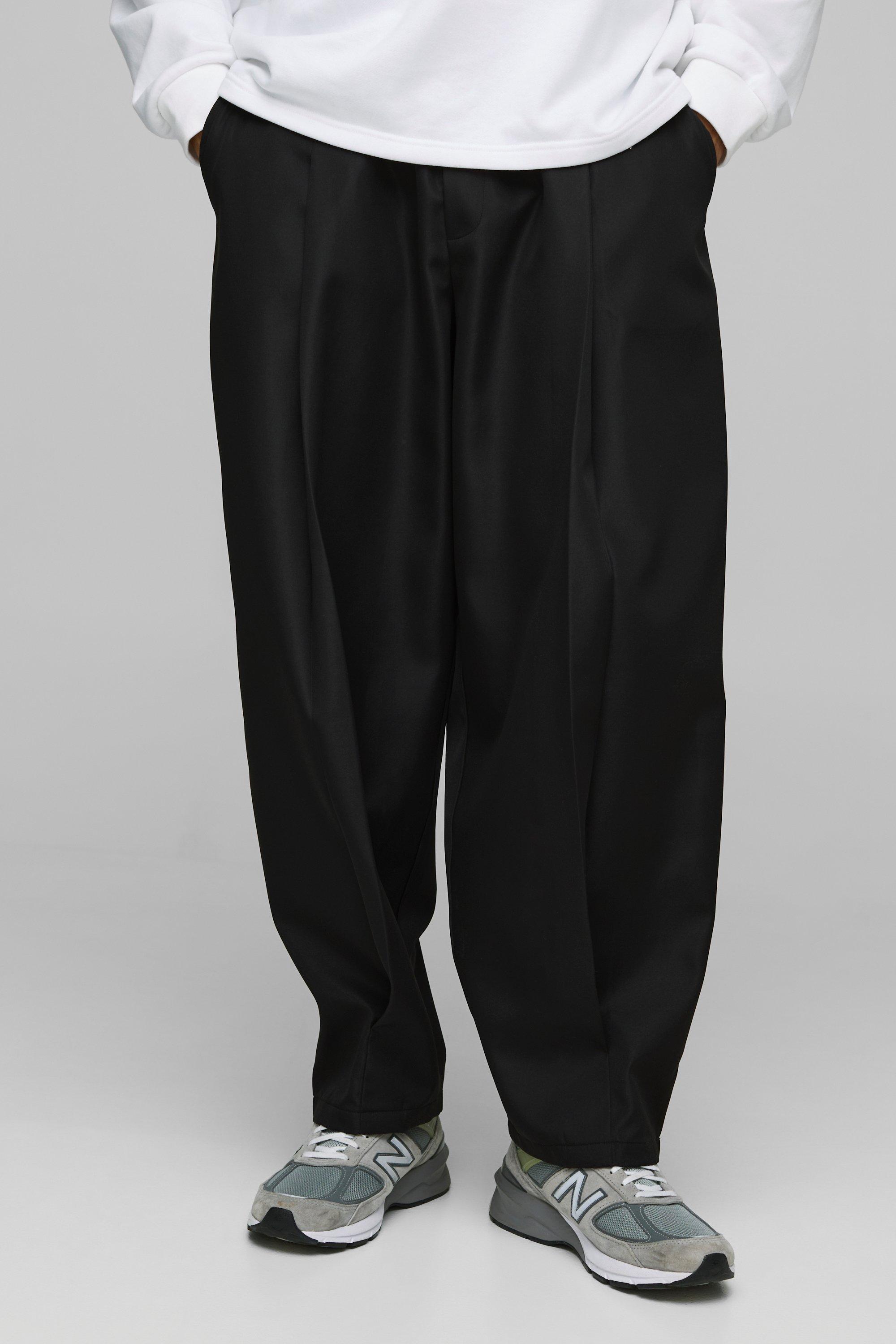 Mens Black Elasticated Waist Balloon Fit Pleated Front Trousers, Black
