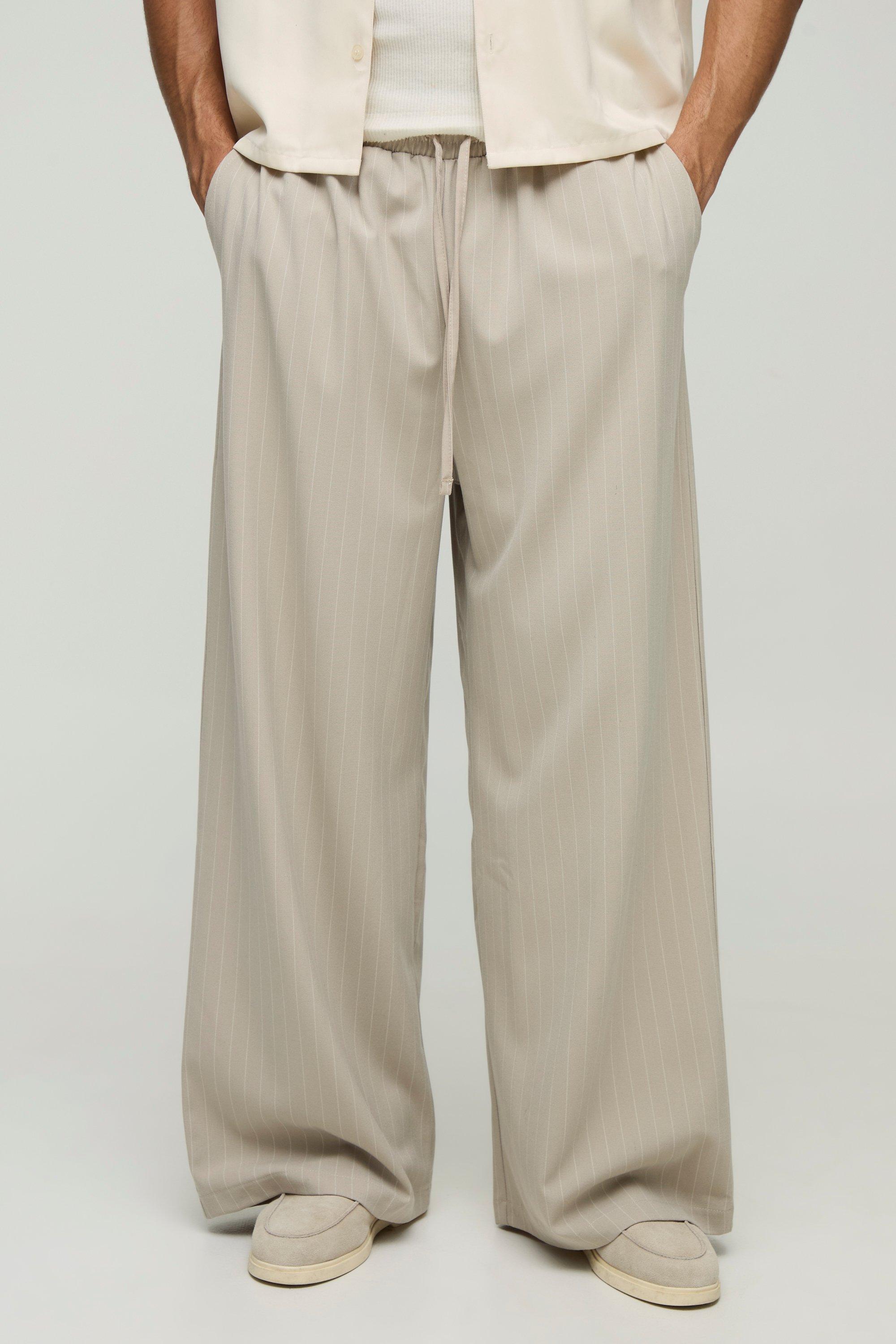 Mens Beige Elasticated Waist Super Wide Fit Pinstripe Casual Trousers, Beige