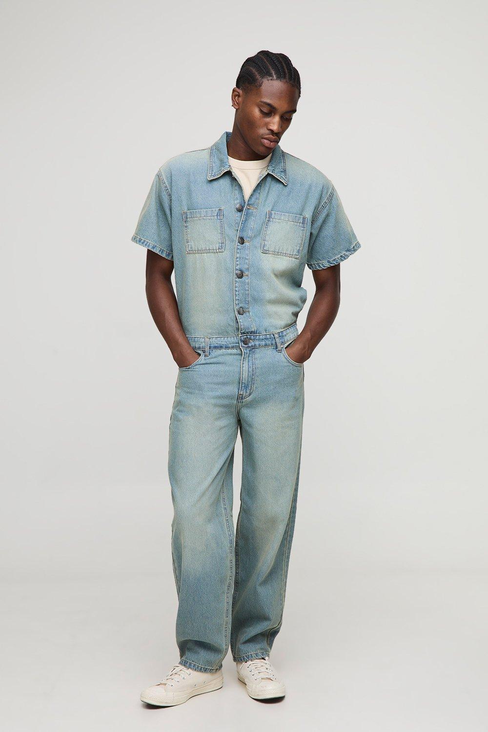Mens Blue Short Sleeve Relaxed Washed Denim Boilersuit, Blue