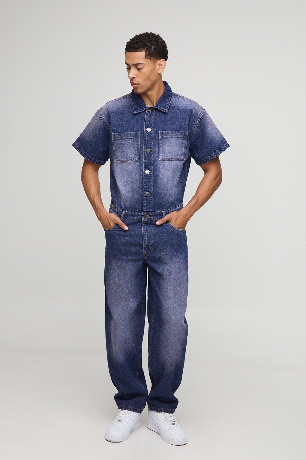 Mens Pink Short Sleeve Relaxed Tinted Denim Boilersuit, Pink