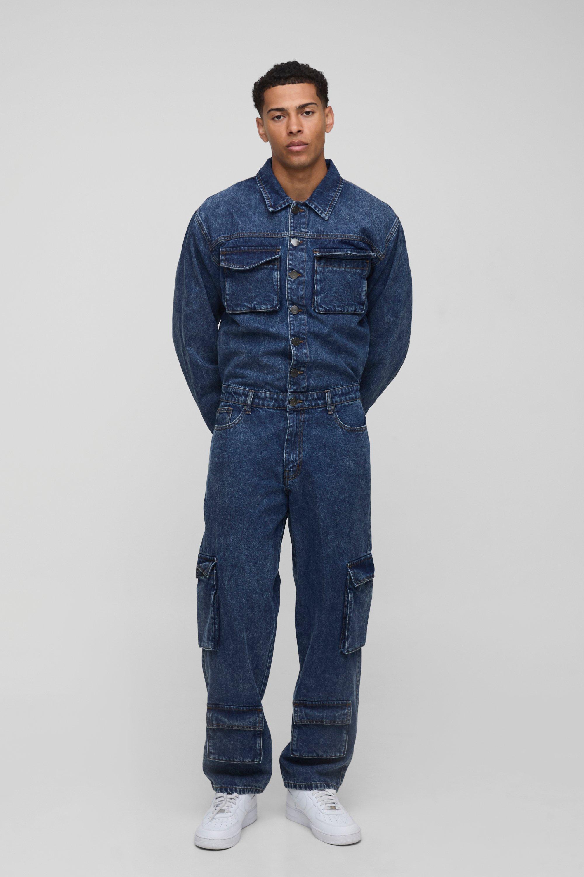 Mens Blue Long Sleeve Relaxed Washed Cargo Denim Boilersuit, Blue