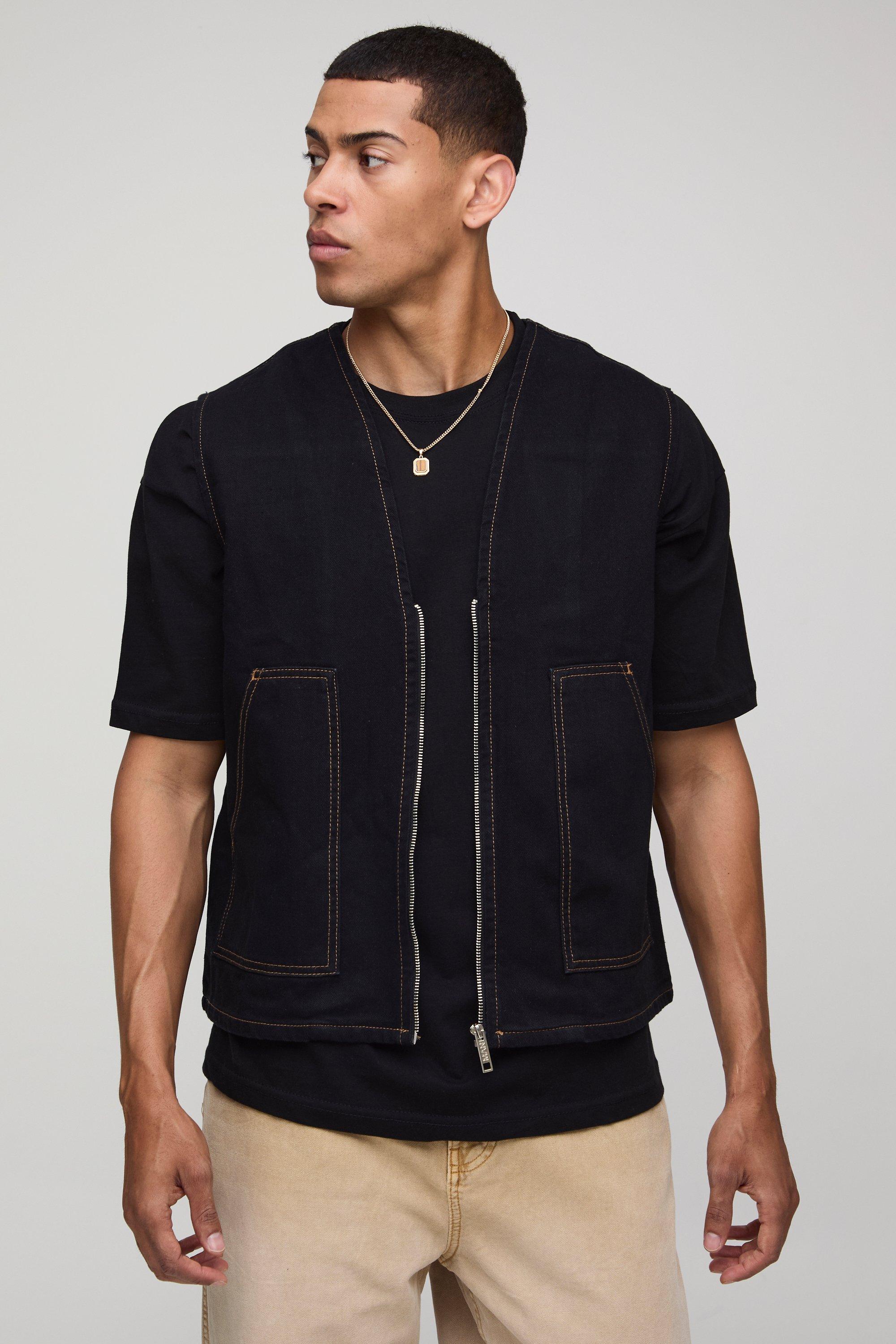 Mens Black Denim Carpenter Contrast Stitch Vest, Black