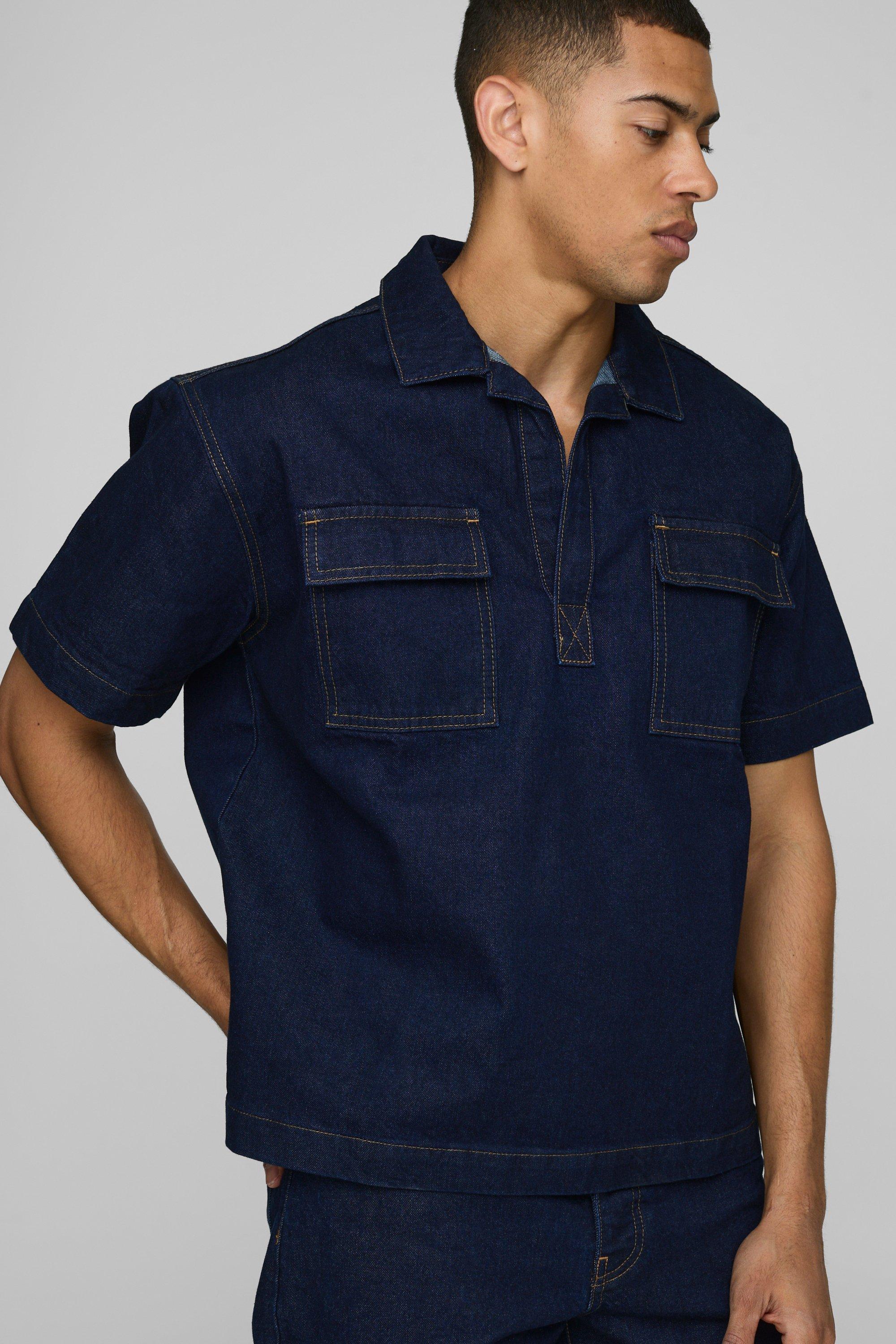 Mens Blue Short Sleeve Indigo Denim Boxy Rugby Shirt, Blue