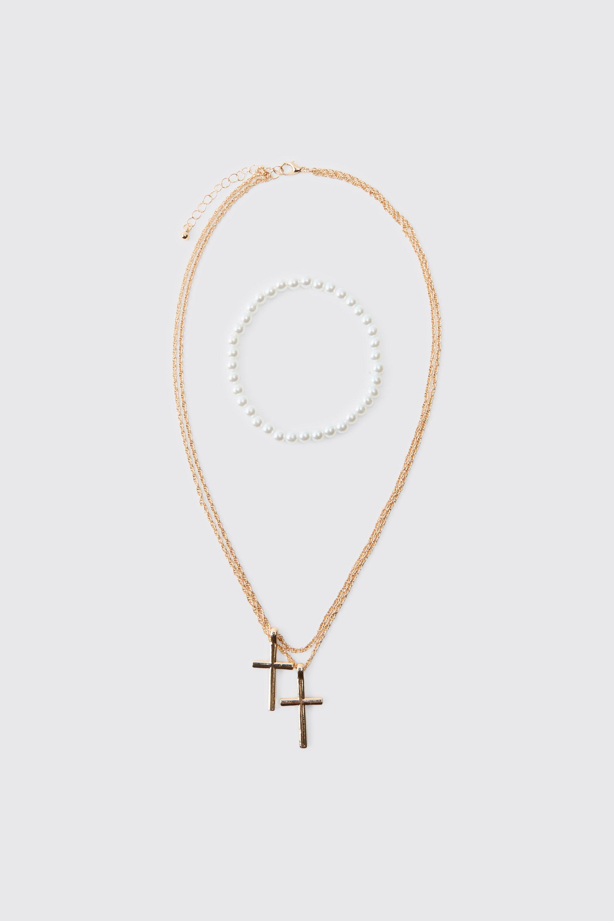 Mens Metallics Double Cross Necklace and Mock Pearl Bracelet Set, Metallics