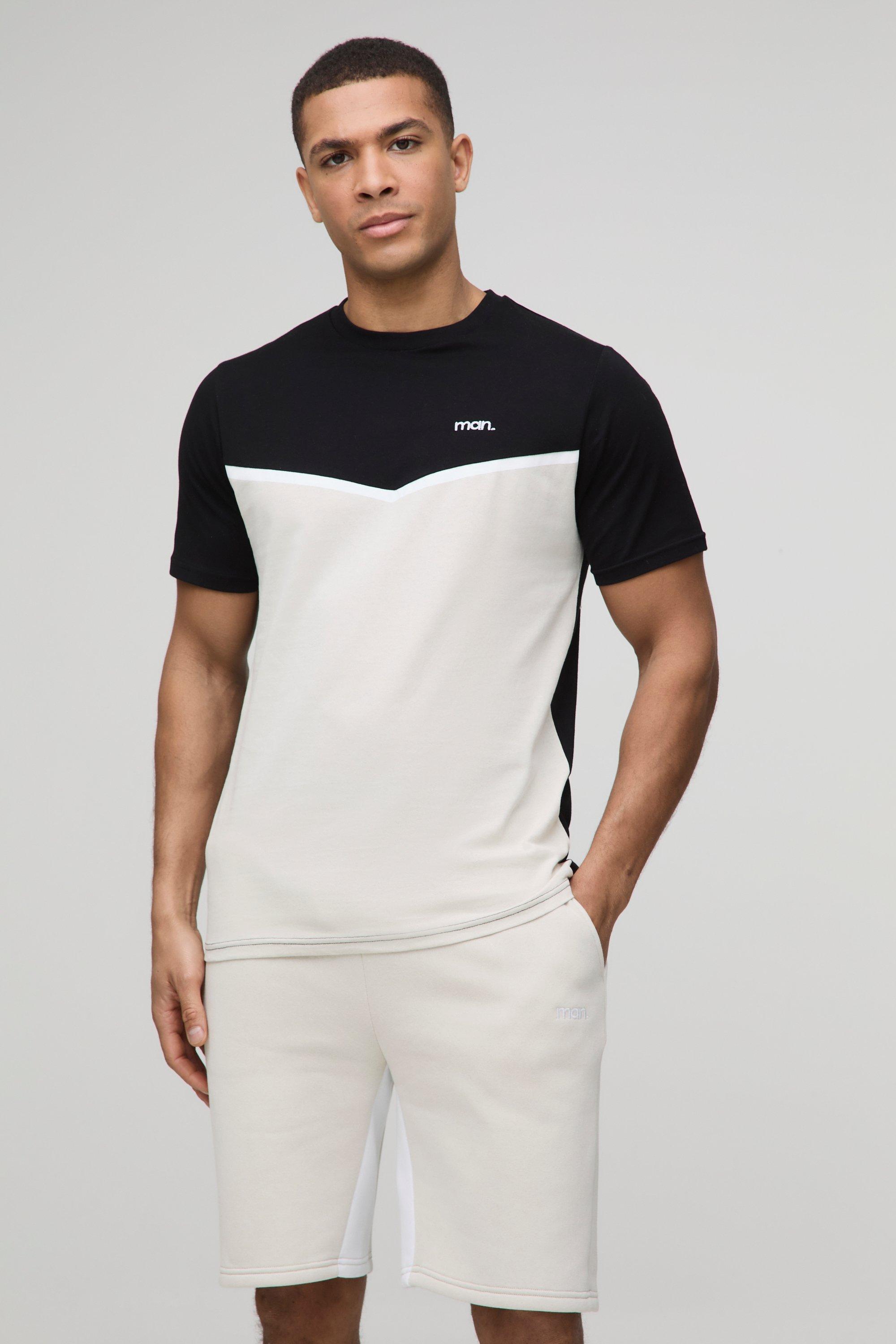 Mens Black Slim Fit Man Colour Block T-Shirt and Short Set, Black