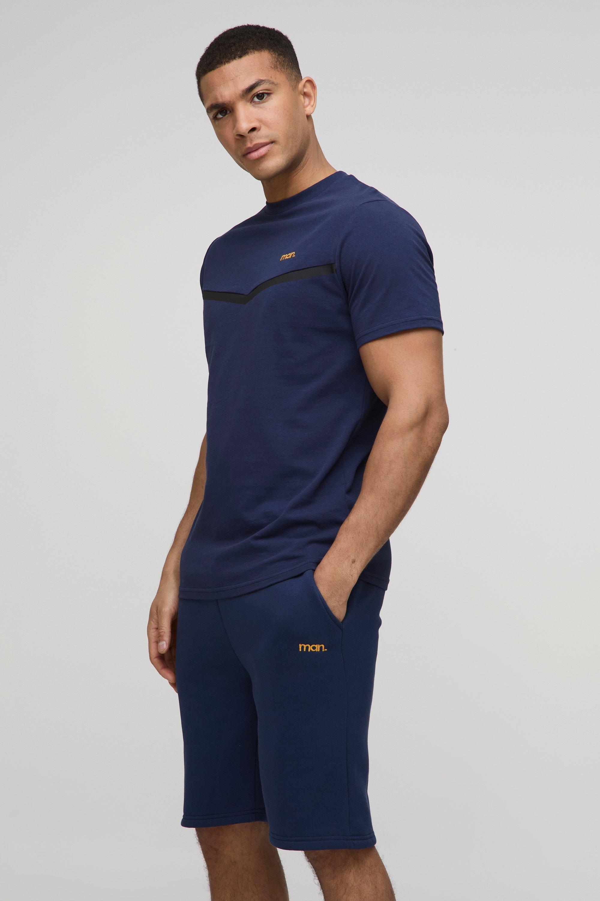 Mens Navy Slim Fit Man Panelled T-Shirt and Short Set, Navy