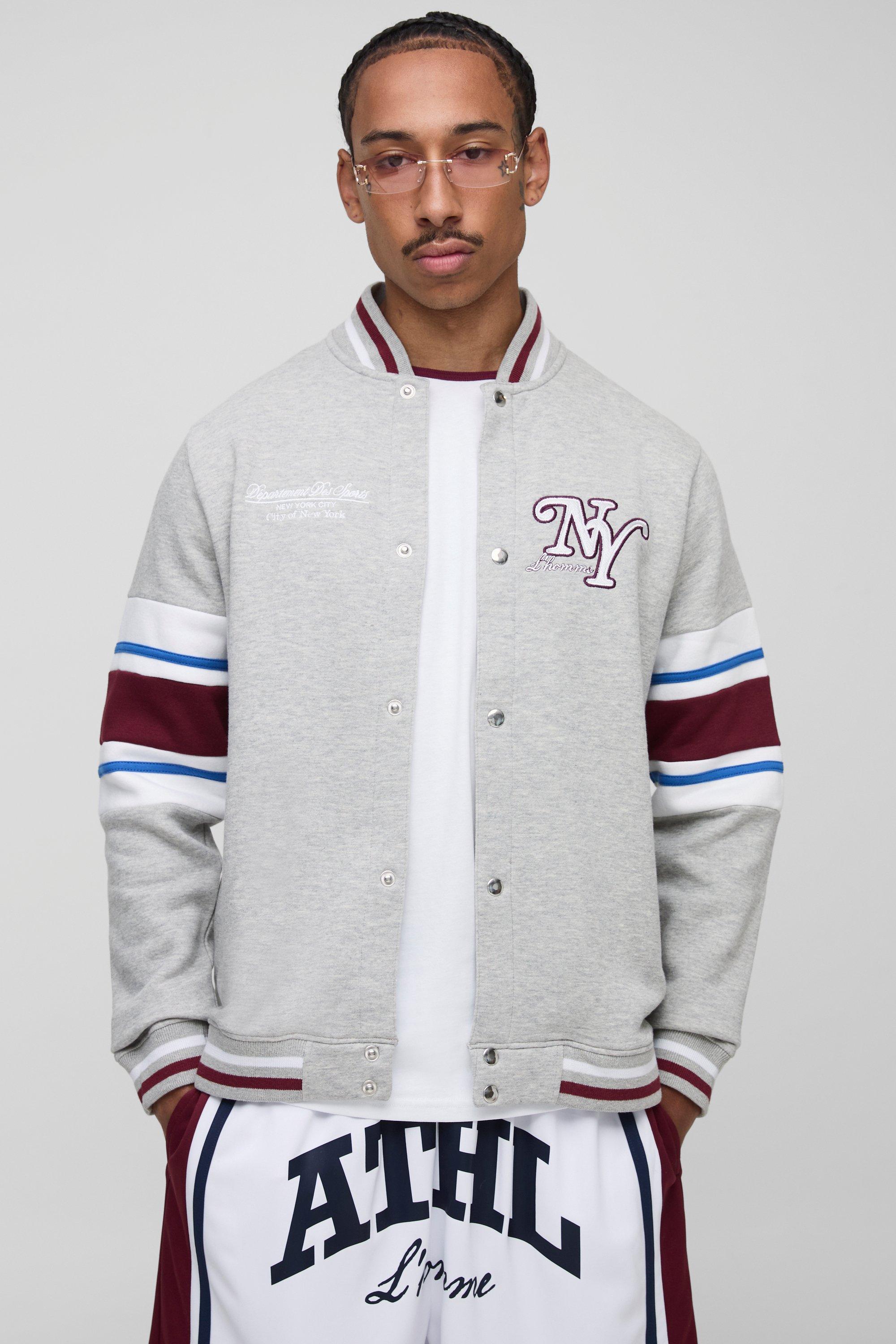 Mens Grey Regular Fit NY Hooded Jersey Varsity Jacket, Grey