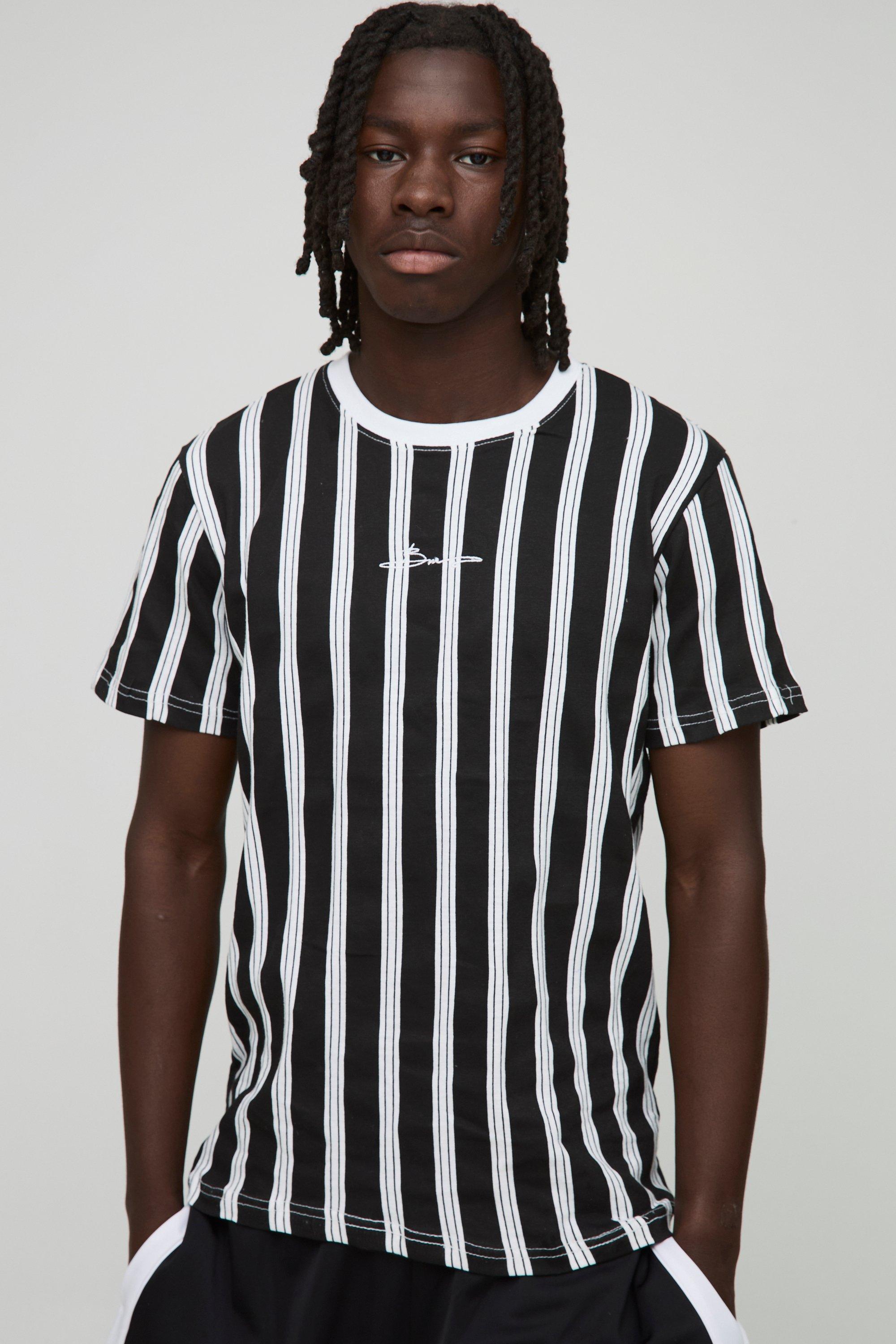 Mens Black Slim BM Signature Stripe T-Shirt, Black