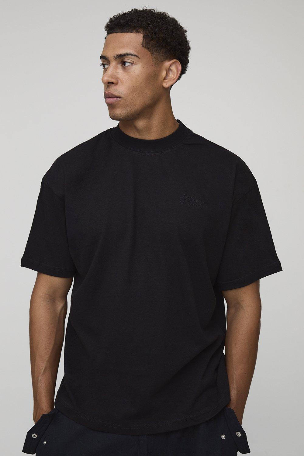 Image of Oversized M Star Embroidered Extended Neck T-Shirt, Nero