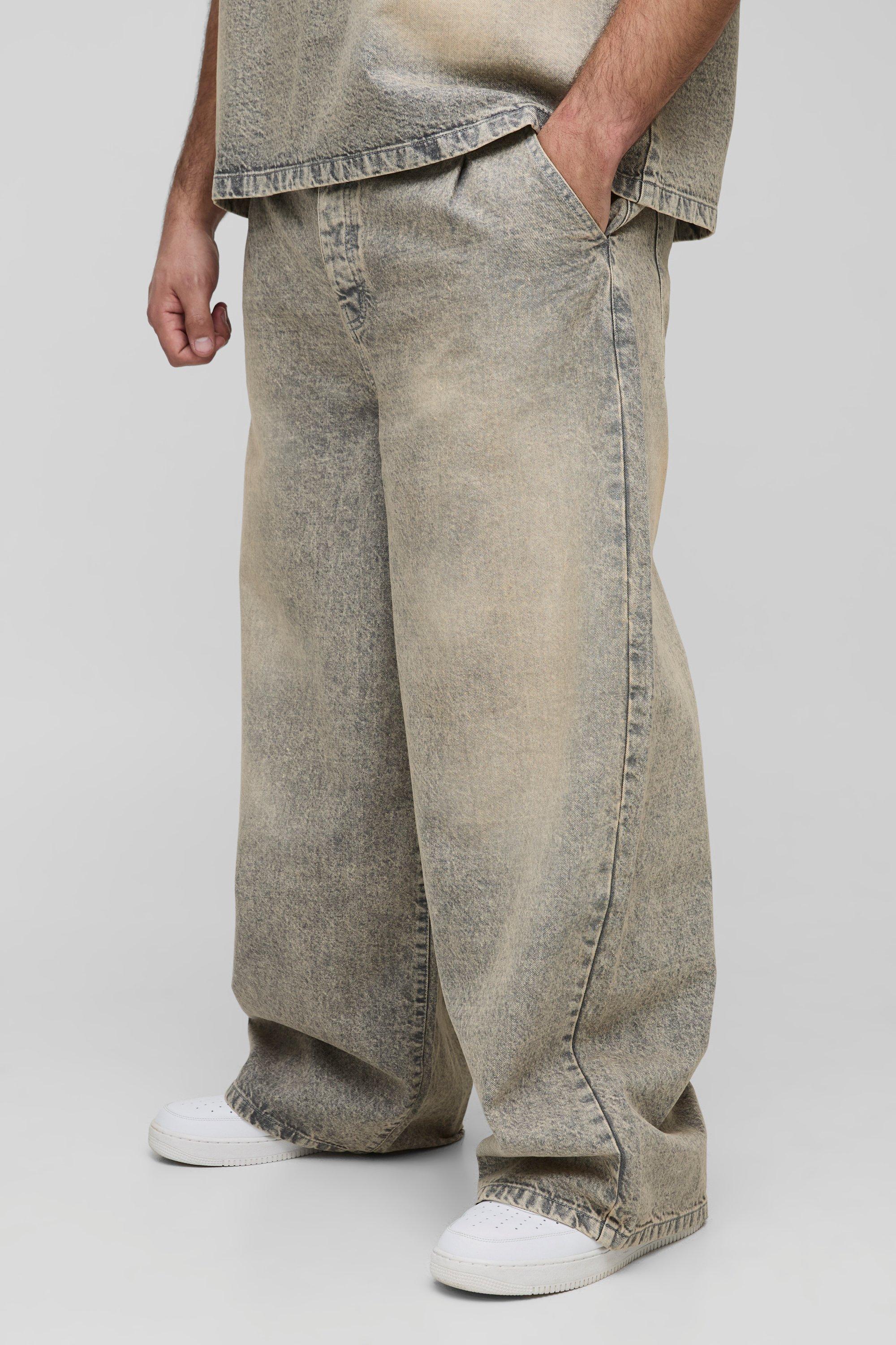 Mens Cream Plus Pleated Washed Baggy Jeans, Cream