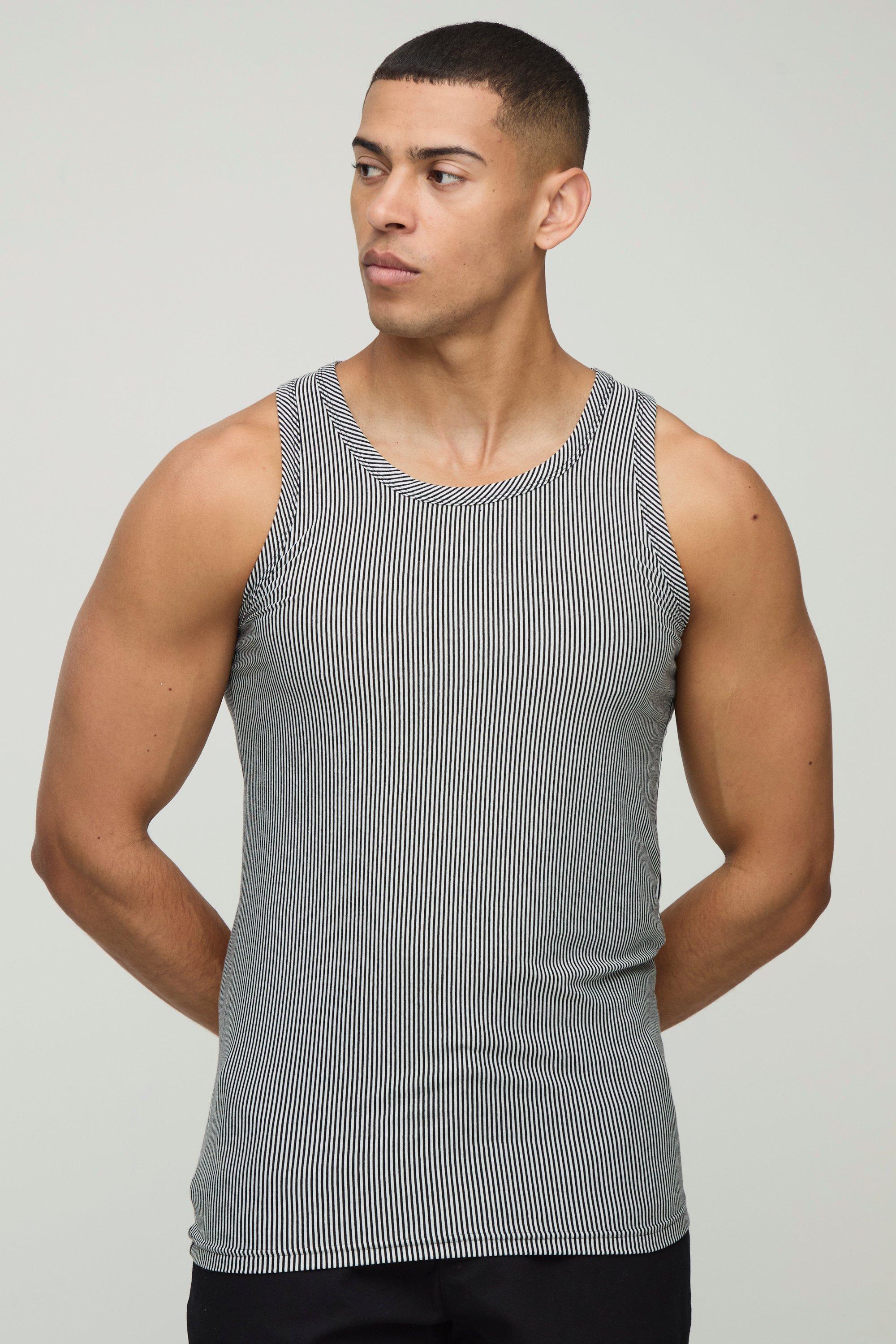 Mens Beige Muscle Fit Two Tone Stripe Vest, Beige