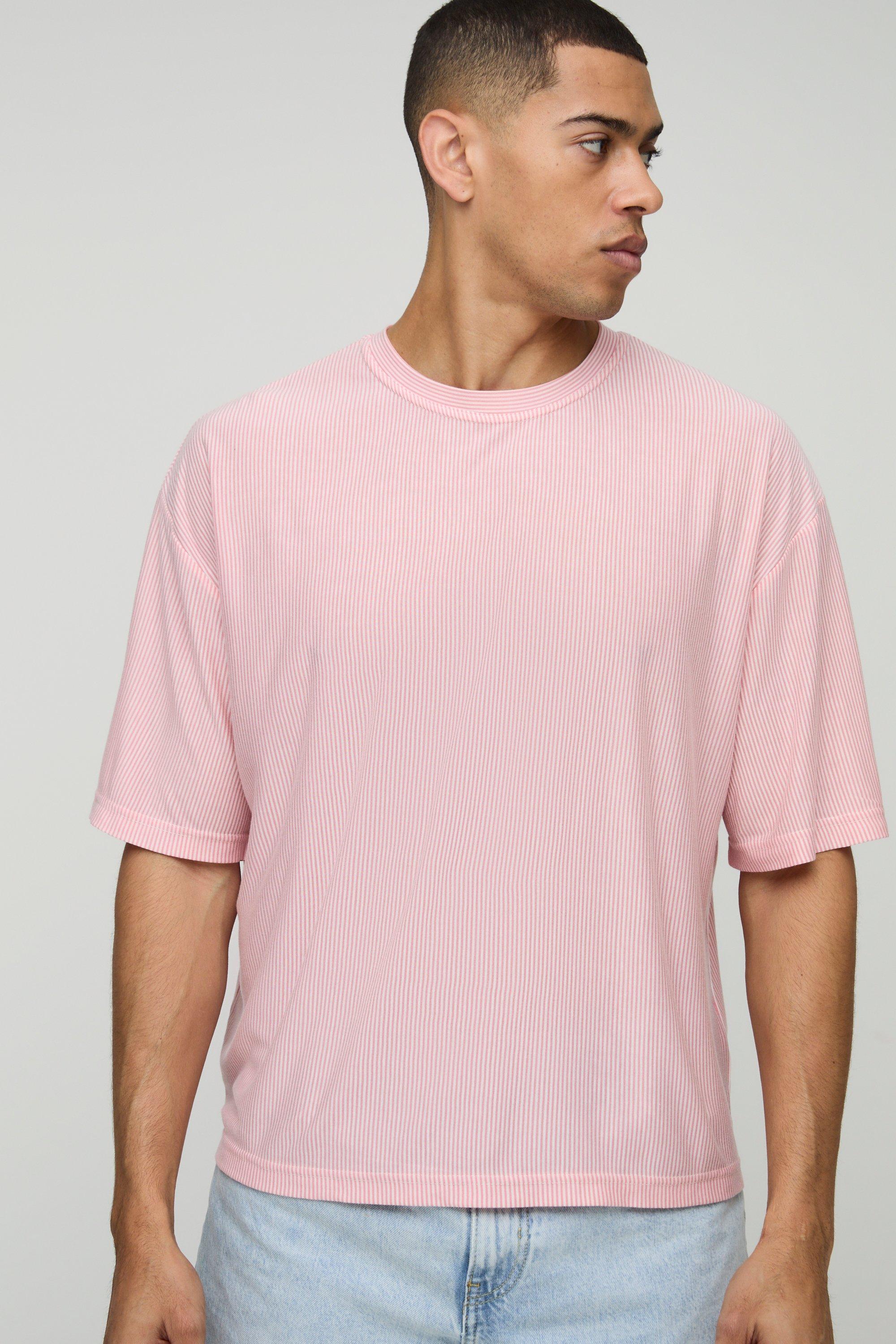 Mens Pink Oversized Boxy Fine Stripe T-Shirt, Pink