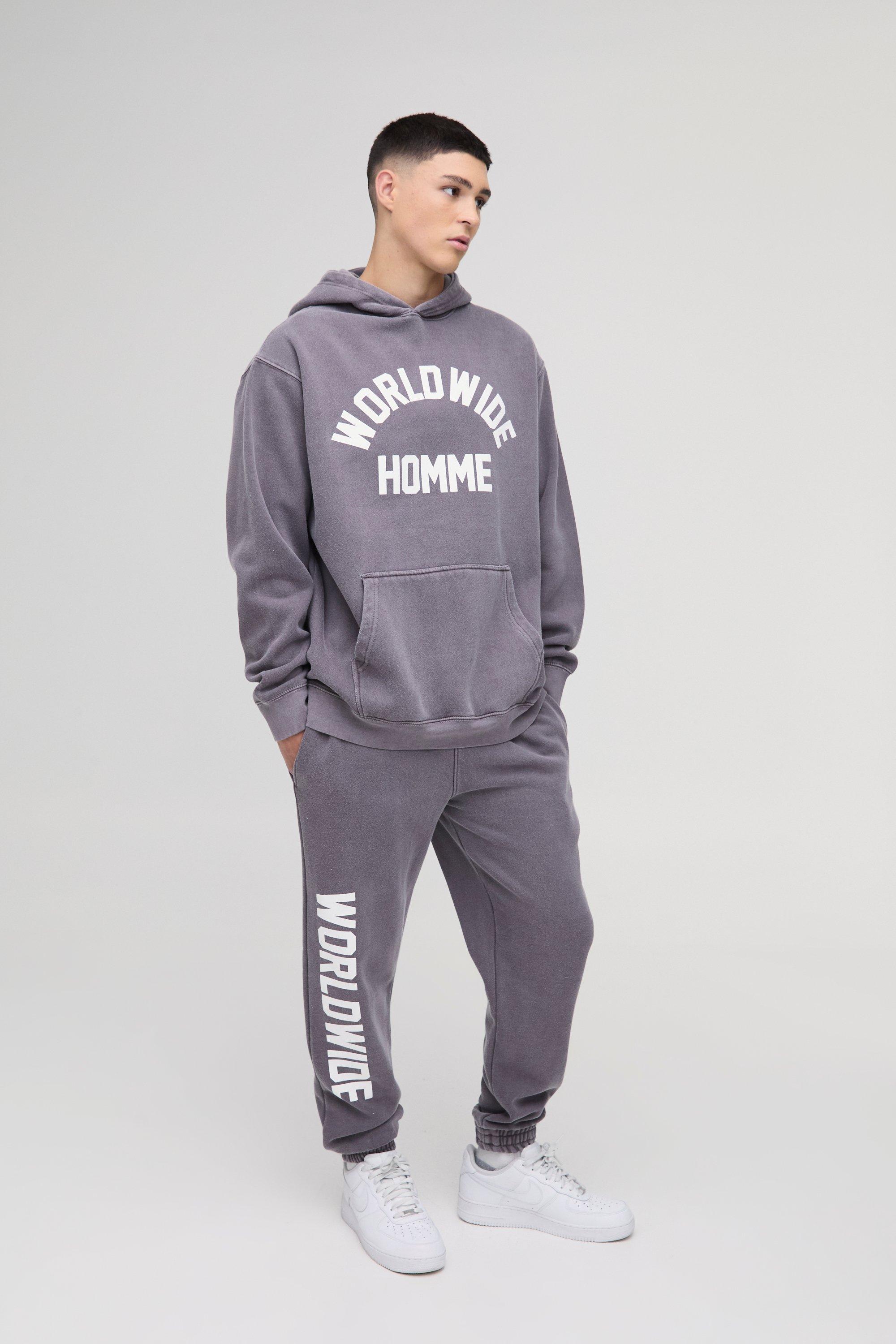 Mens Brown Oversized Worldwide Homme Washed Hooded Tracksuit, Brown