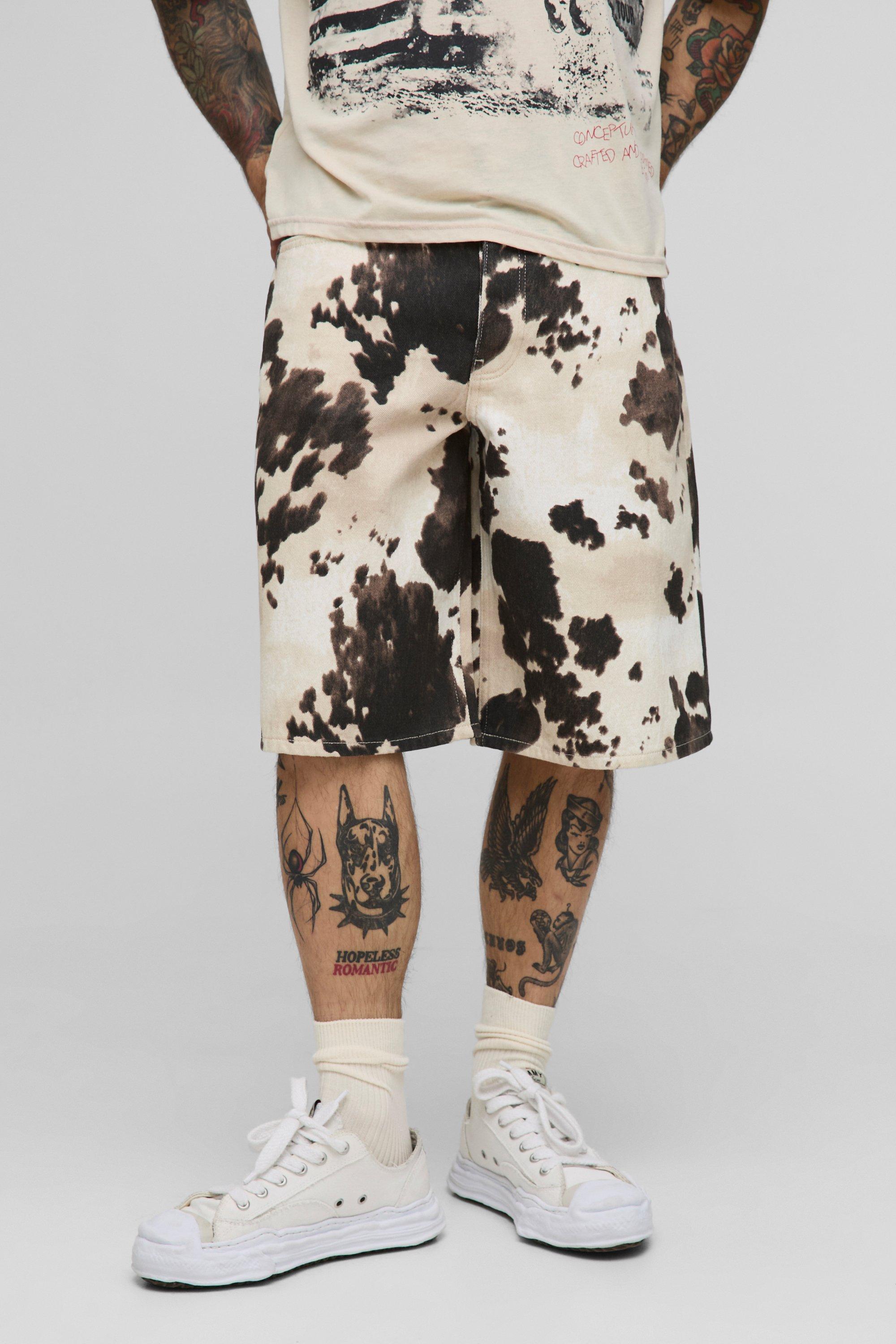 Mens Cream Regular Fit Denim Print Cow Jorts, Cream