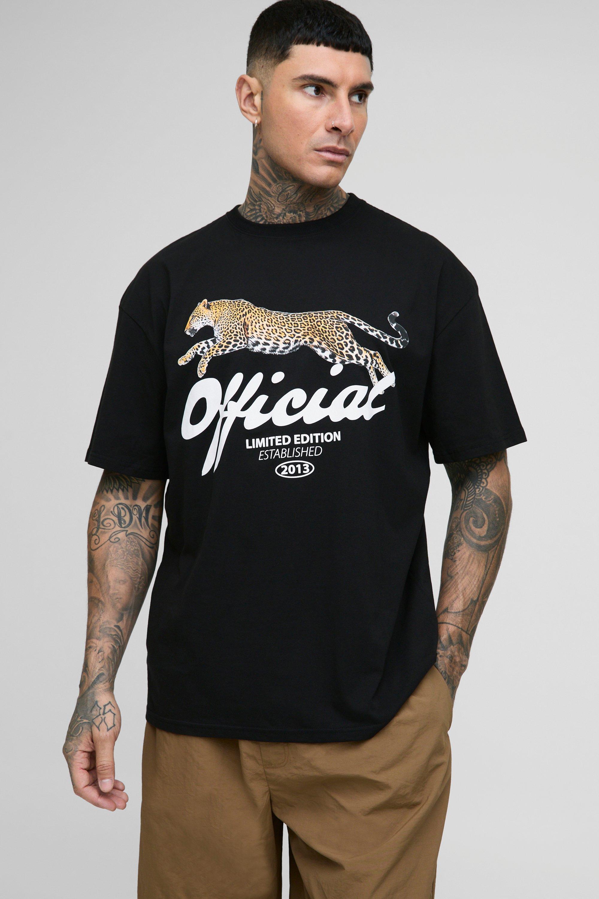 Mens Black Tall Official Leopard Graphic Oversized T-Shirt, Black