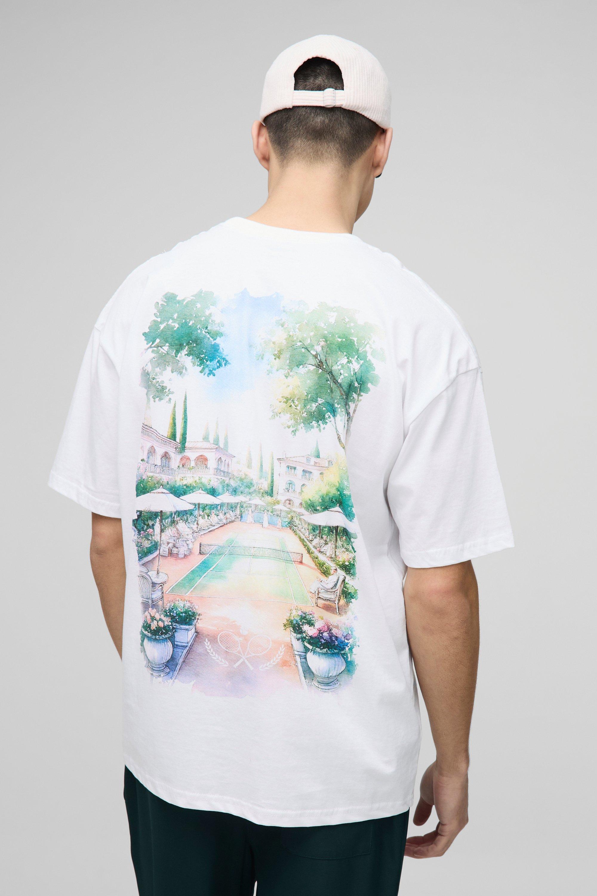Mens White Regular Fit Oversized Tennis Club Landscape Watercolour Painted T-Shirt, White