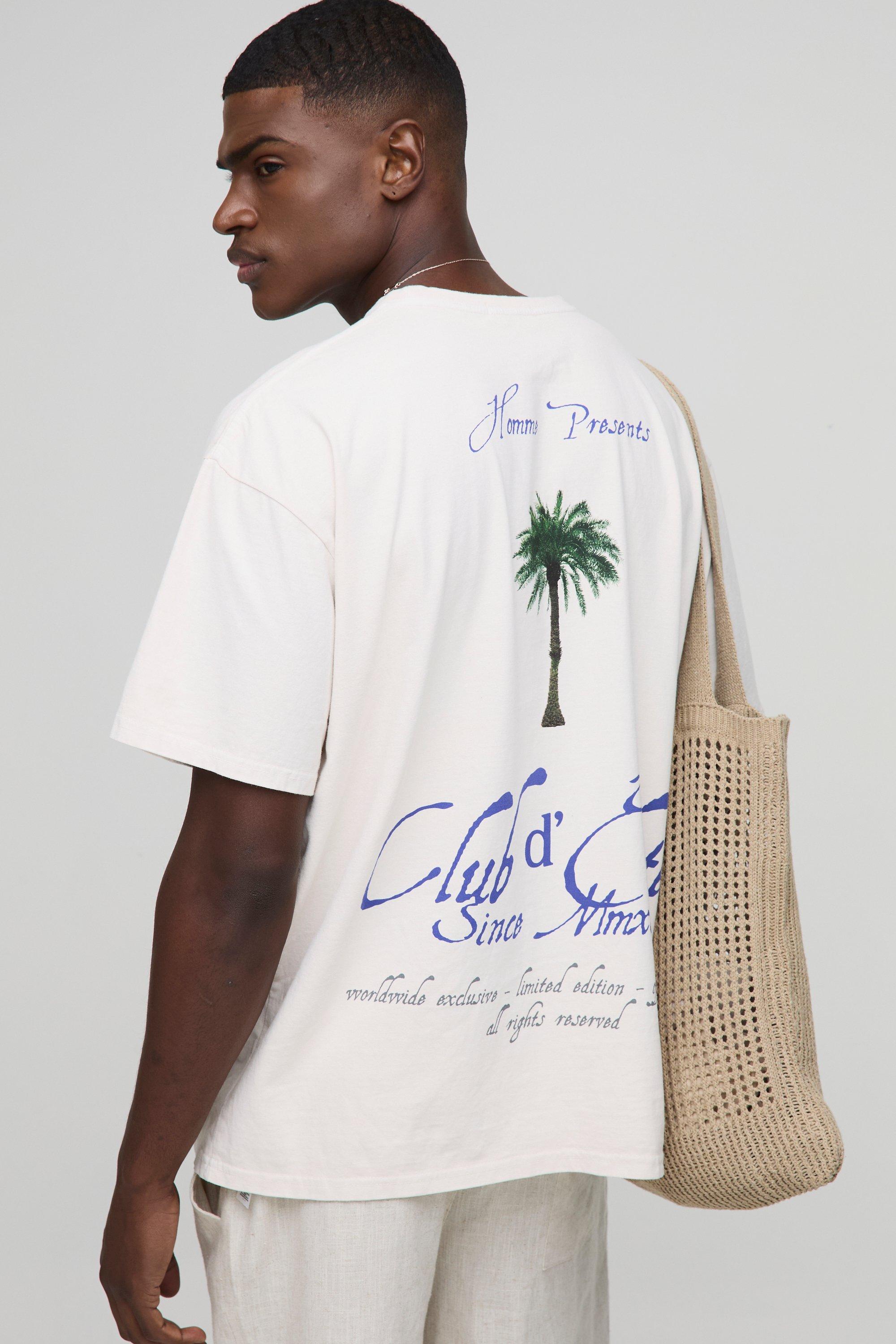 Mens Beige Oversized Club Elite Palm Tree Graphic Washed T-Shirt, Beige