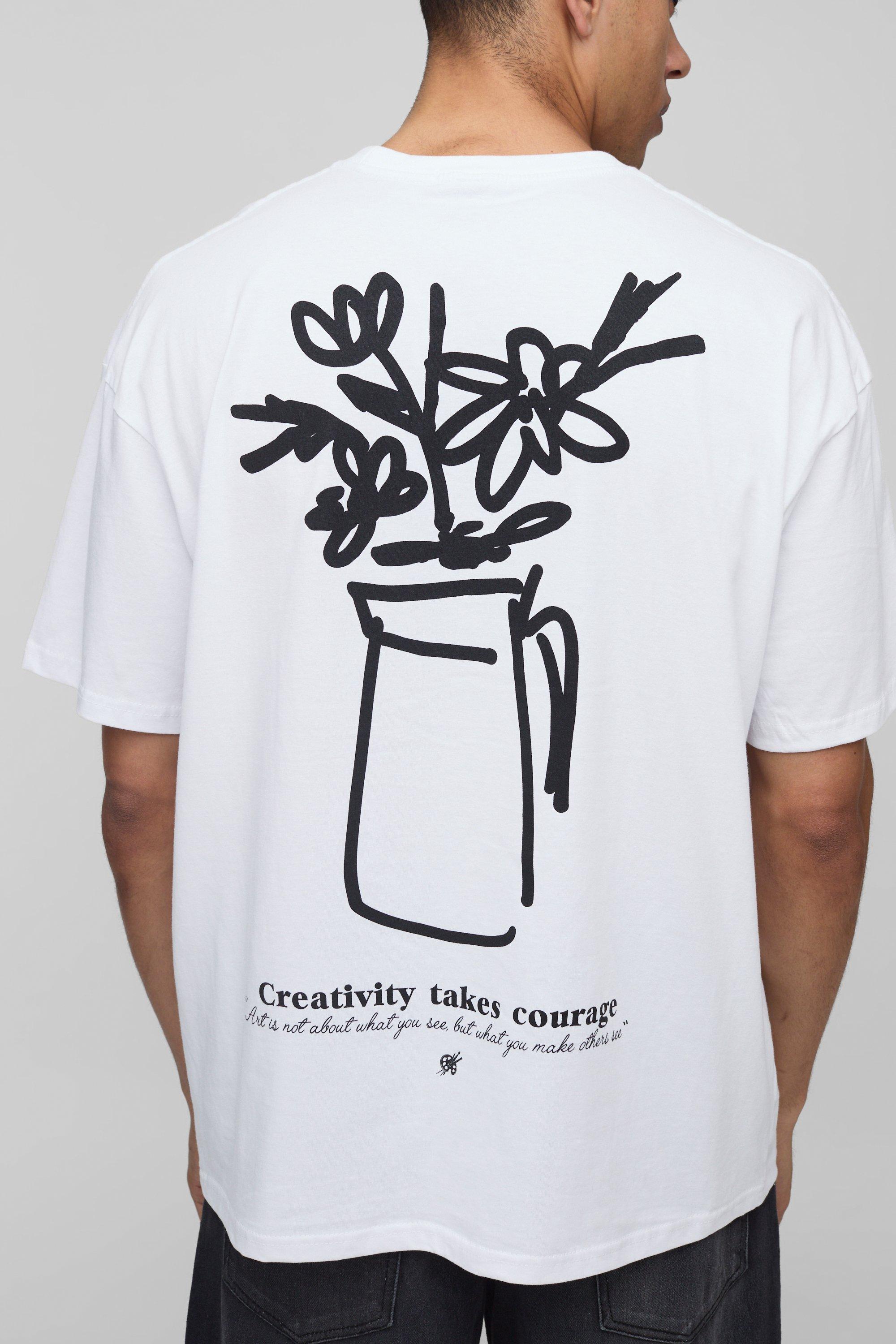 Mens White Oversized Line Drawn Floral Vase Print T-Shirt, White