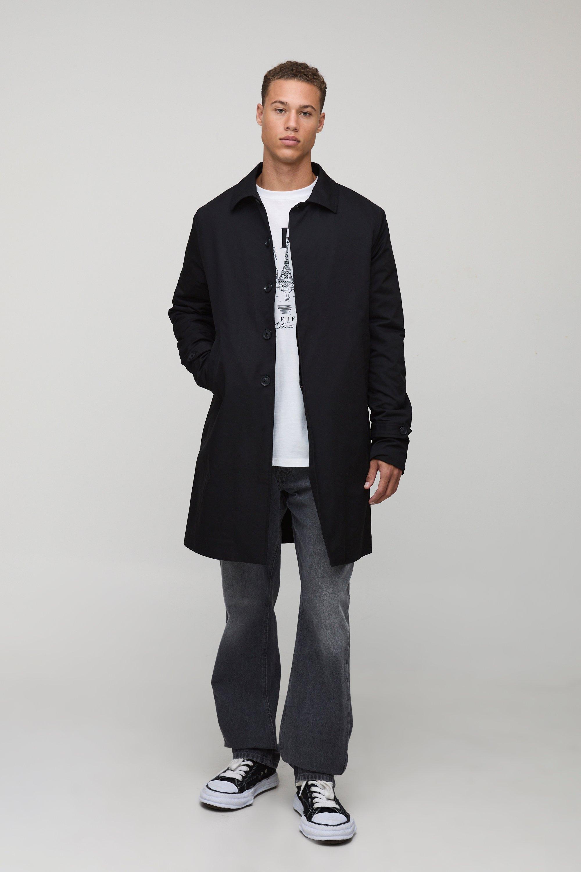 Mens Tall Regular Fit Quilted Padded Longline Mac Jacket In Black, Black