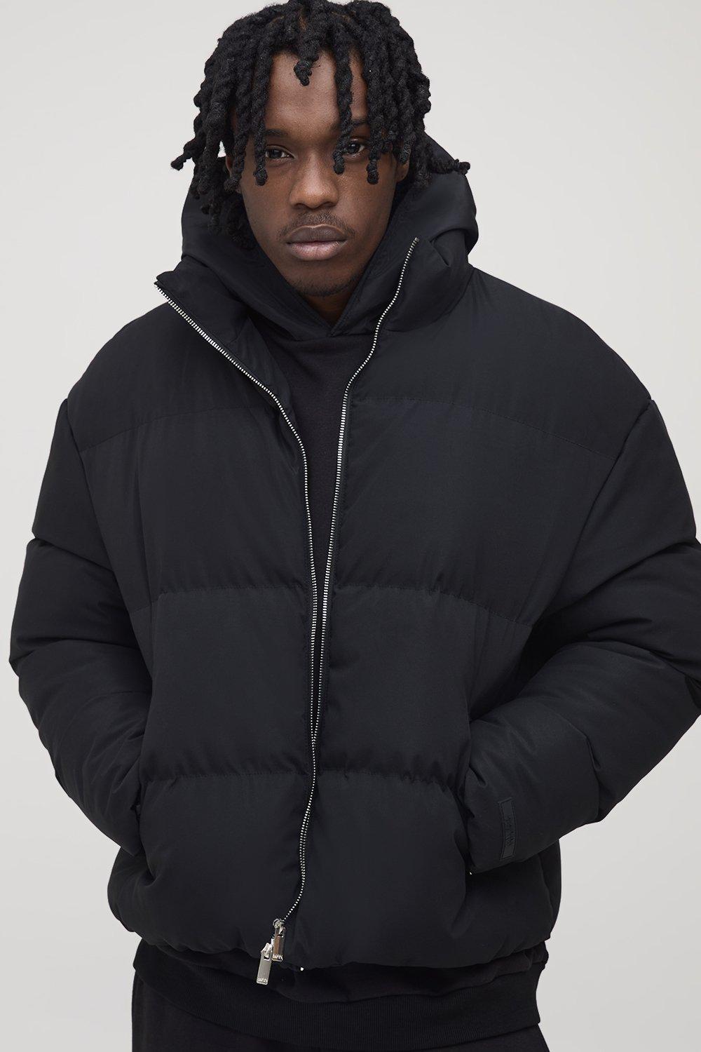 Mens Tall Man Boxy Fit Funnel Neck Puffer Coat In Black, Black