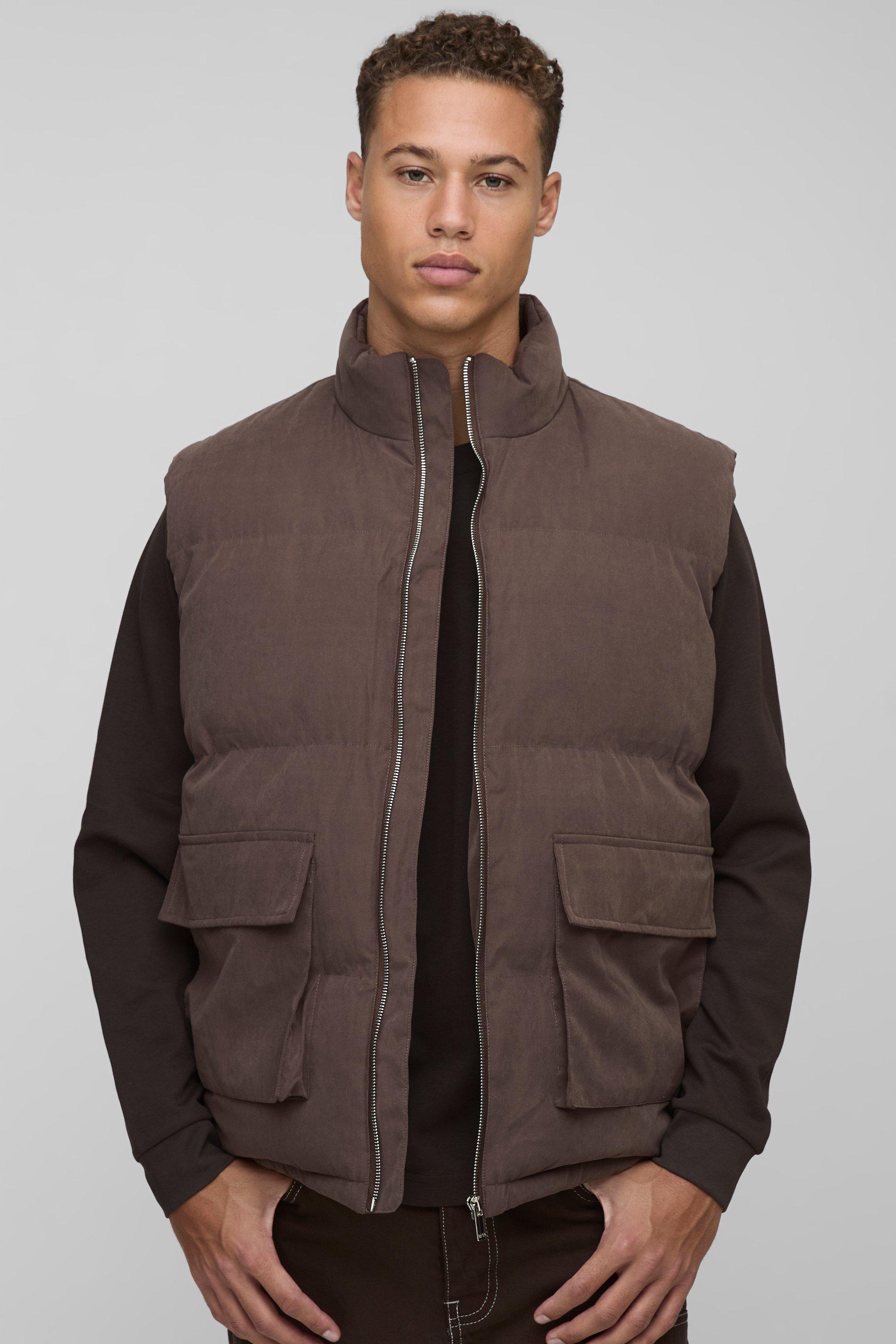 Boohoo Tall Boxy Faux Suede Funnel Neck Gilet In Chocolate, Chocolate