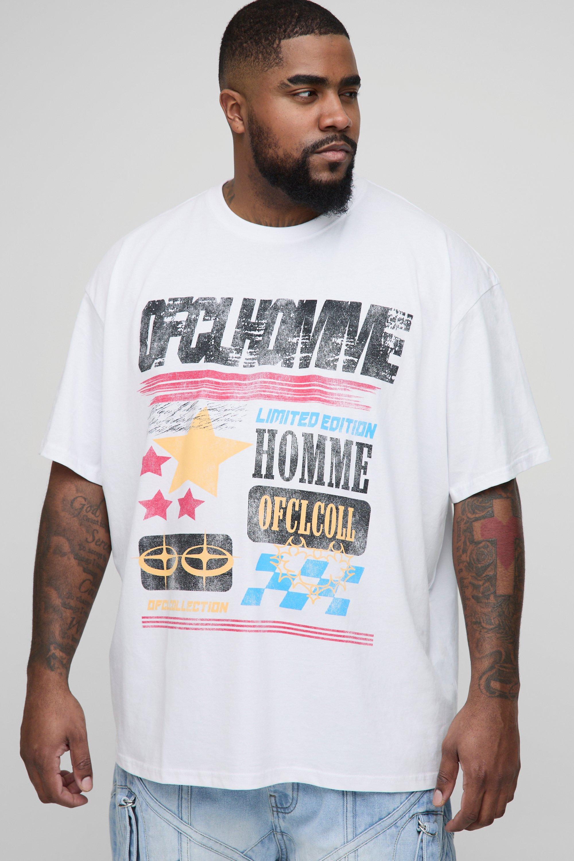 Mens White Plus Cracked Print Moto Oversized Graphic T-Shirt, White