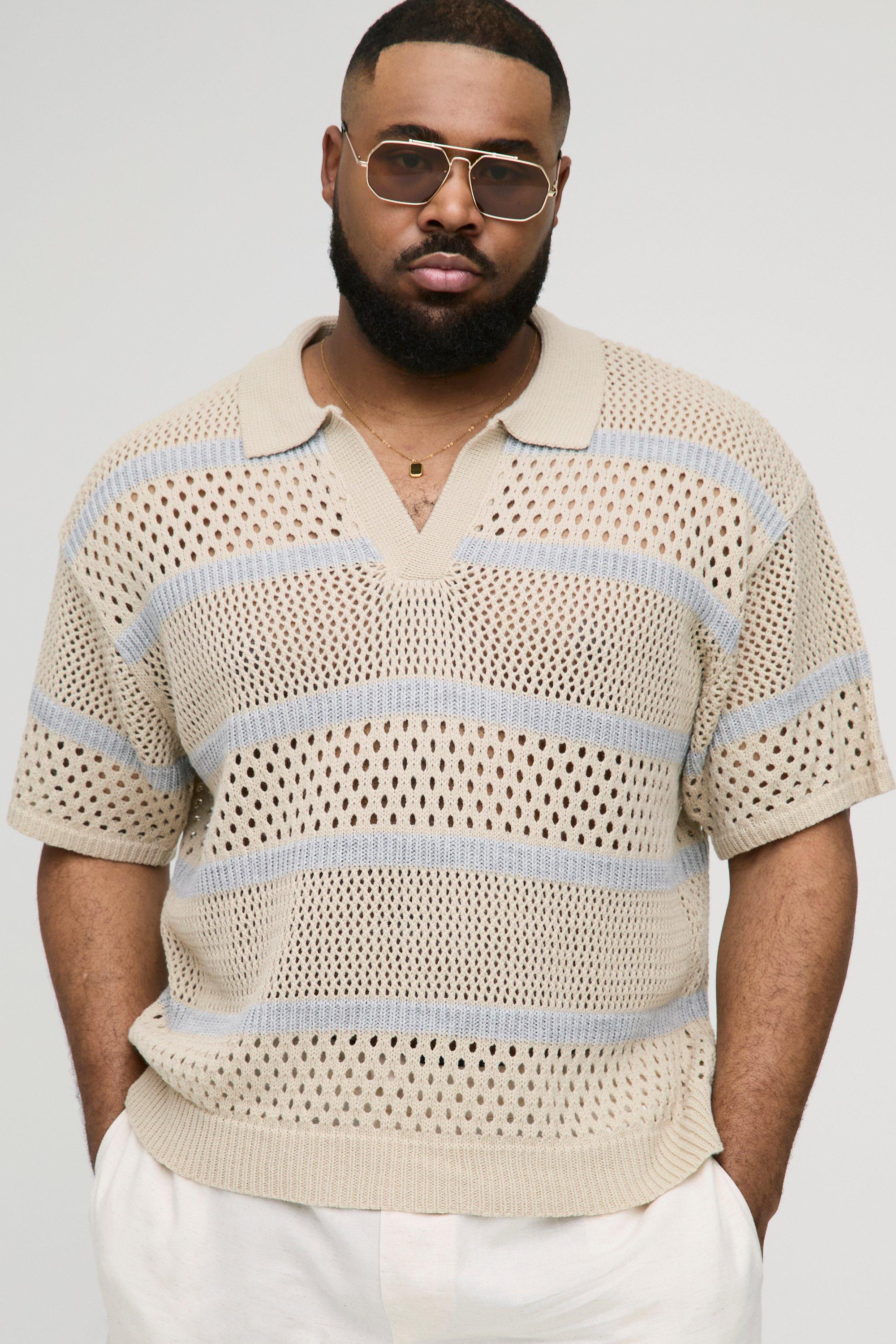Image of Polo Plus Size squadrata oversize in maglia traforata a righe, Beige