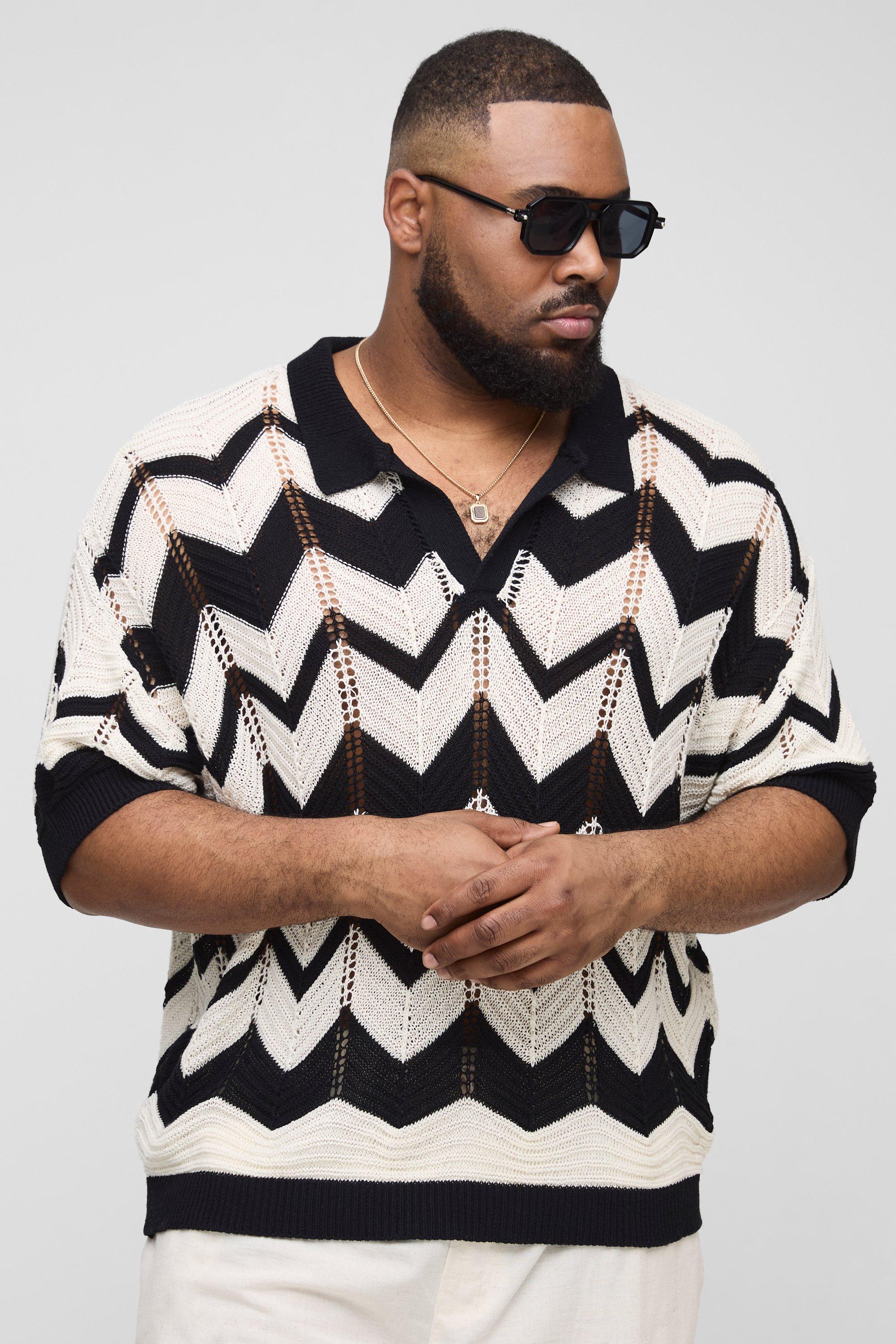 Image of Polo Plus Size squadrata oversize in maglia aperta con stampa astratta, Nero