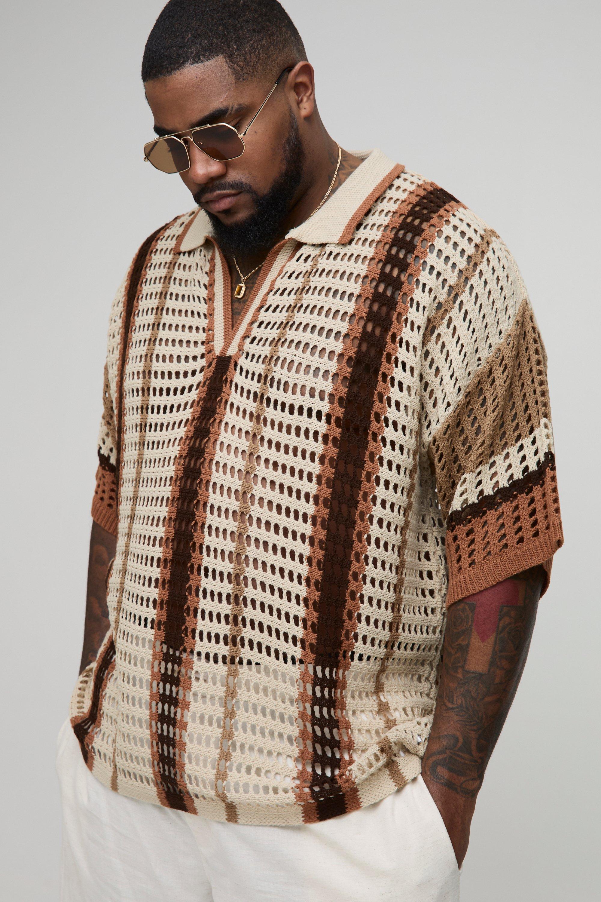 Mens Brown Plus Oversized Boxy Stripe Open Knit Polo, Brown