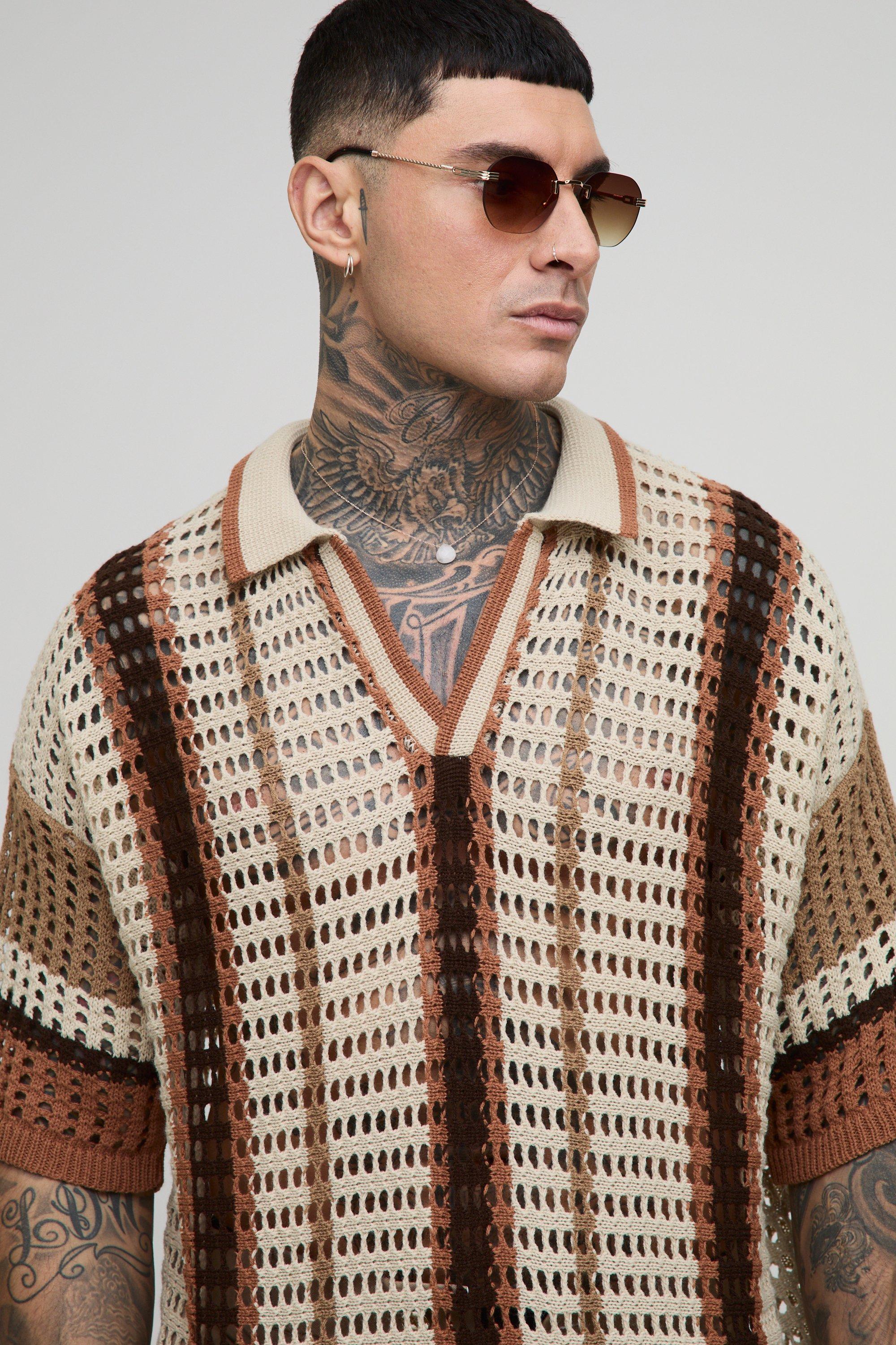 Image of Polo Tall squadrata oversize in maglia traforata a righe, Brown