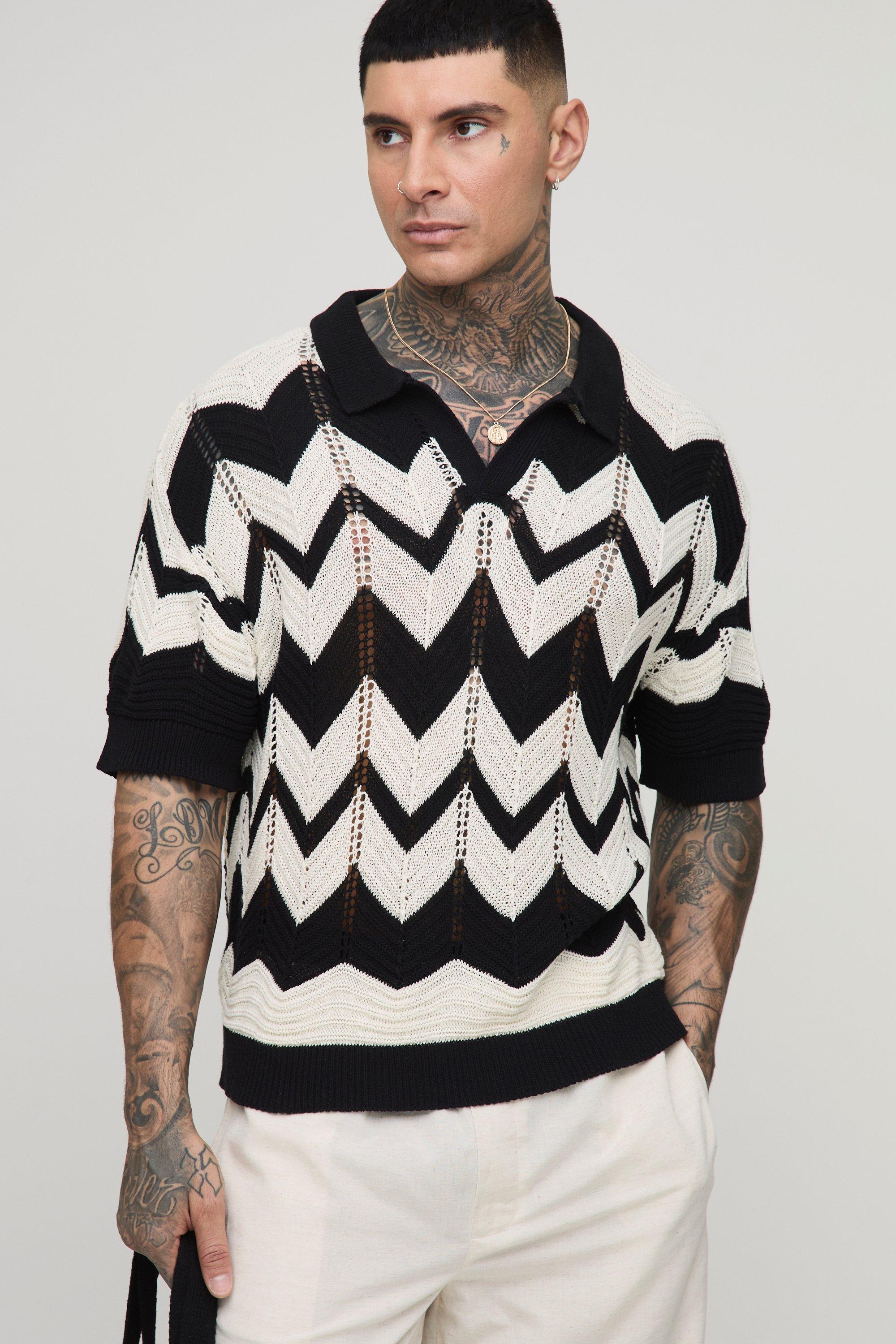 Mens Black Tall Boxy Oversized Abstract Open Knit Polo, Black