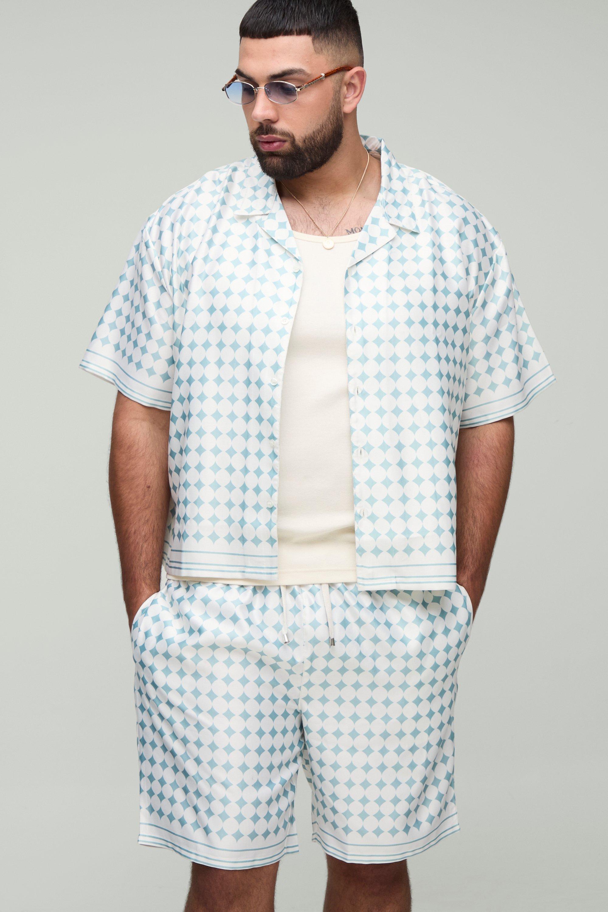 Mens Green Plus Oversized Boxy Short Sleeve Check Satin Shirt & Short Set, Green
