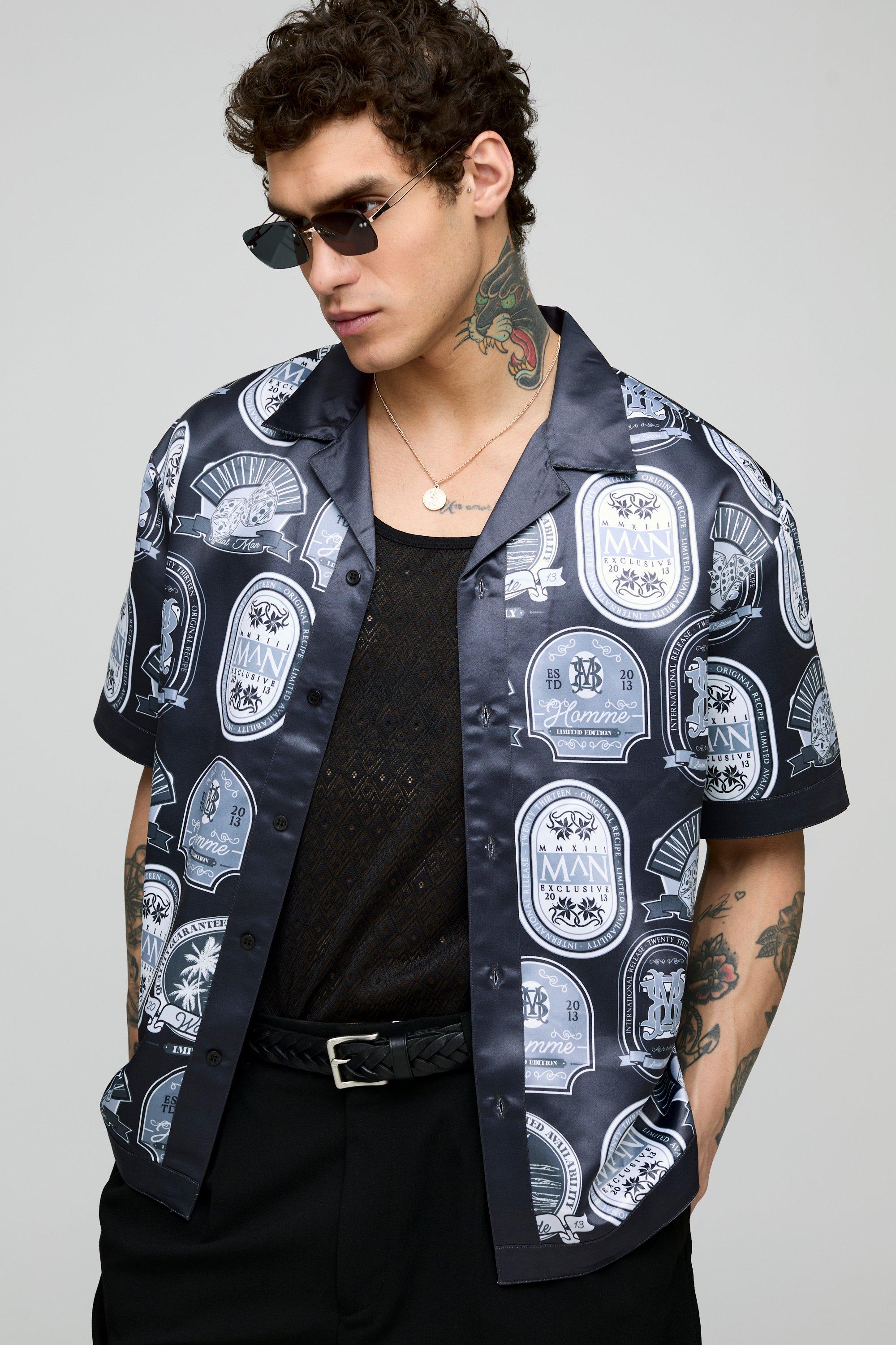 Oversized Short Sleeve Border Print Satin Shirt