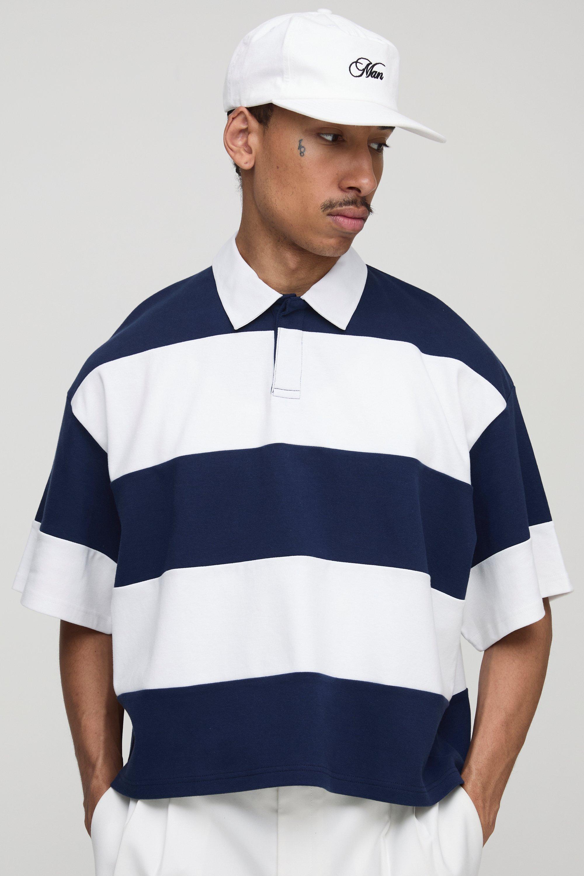 Mens Navy Oversized Boxy Stripe Interlock Short Sleeve Rugby Polo, Navy