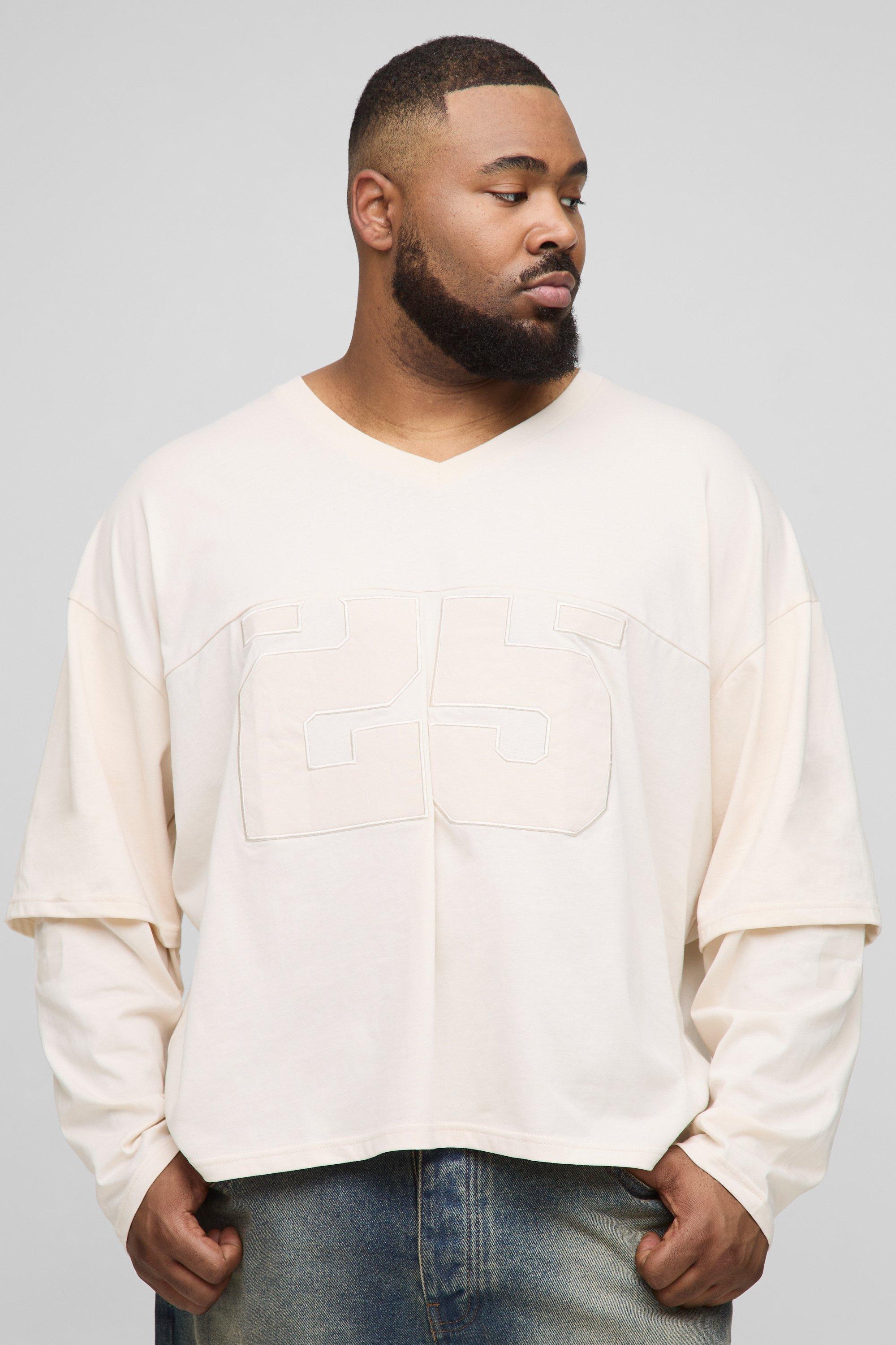 Mens Cream Plus Oversized Boxy Varsity Applique Faux Layer Long Sleeve T-Shirt, Cream