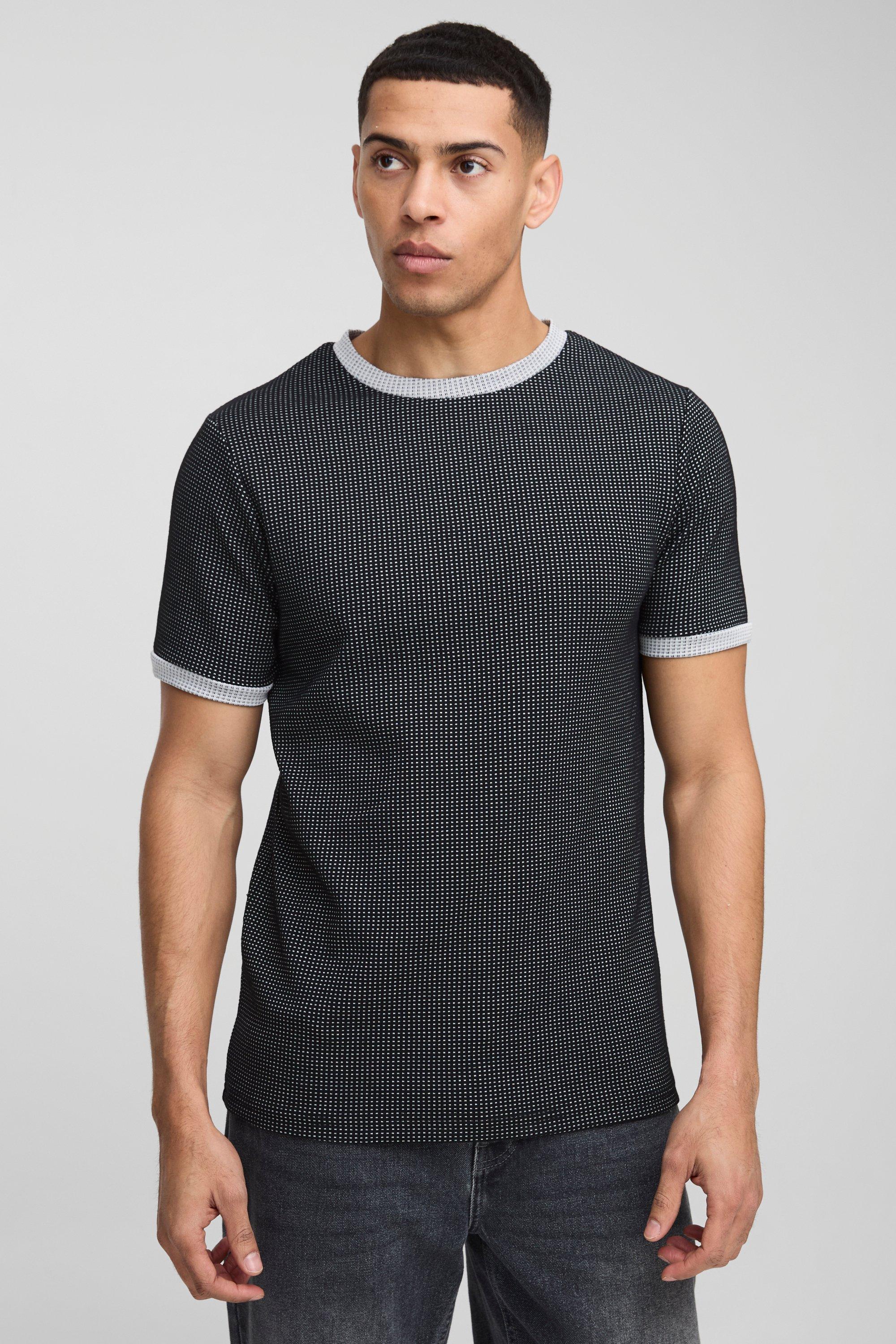 Mens Black Slim Fit Contrast Waffle Ringer T-Shirt, Black