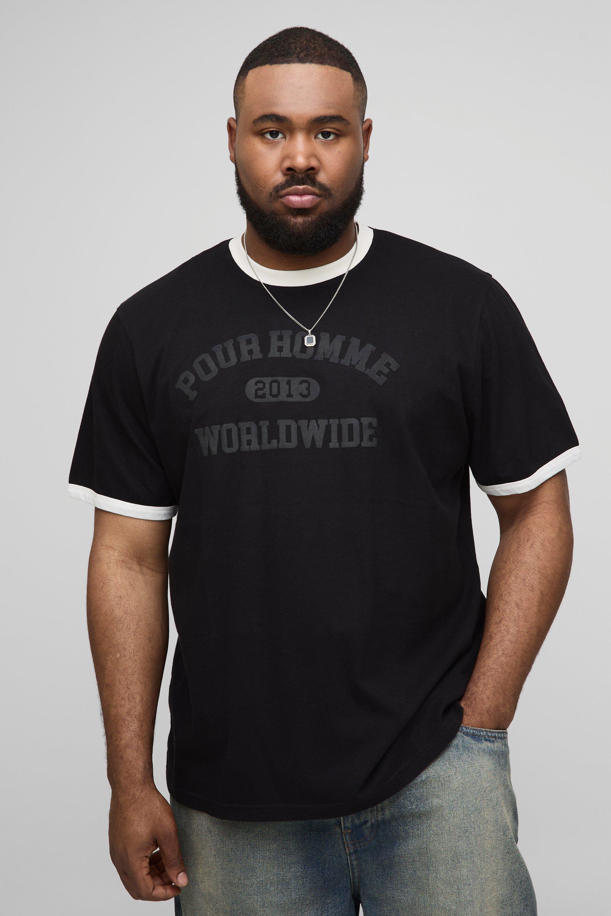 Image of T-shirt Plus Size Pour Homme con bordi a contrasto, Nero