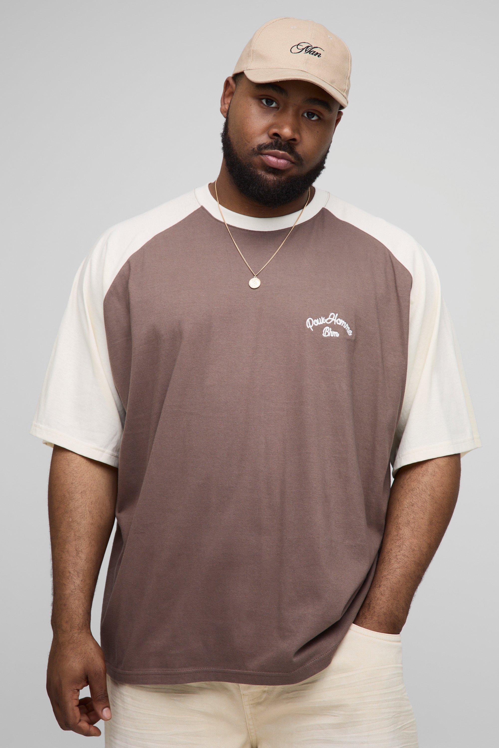 Mens Brown Plus Oversized Homme Embroidered Colour Block Raglan T-Shirt, Brown