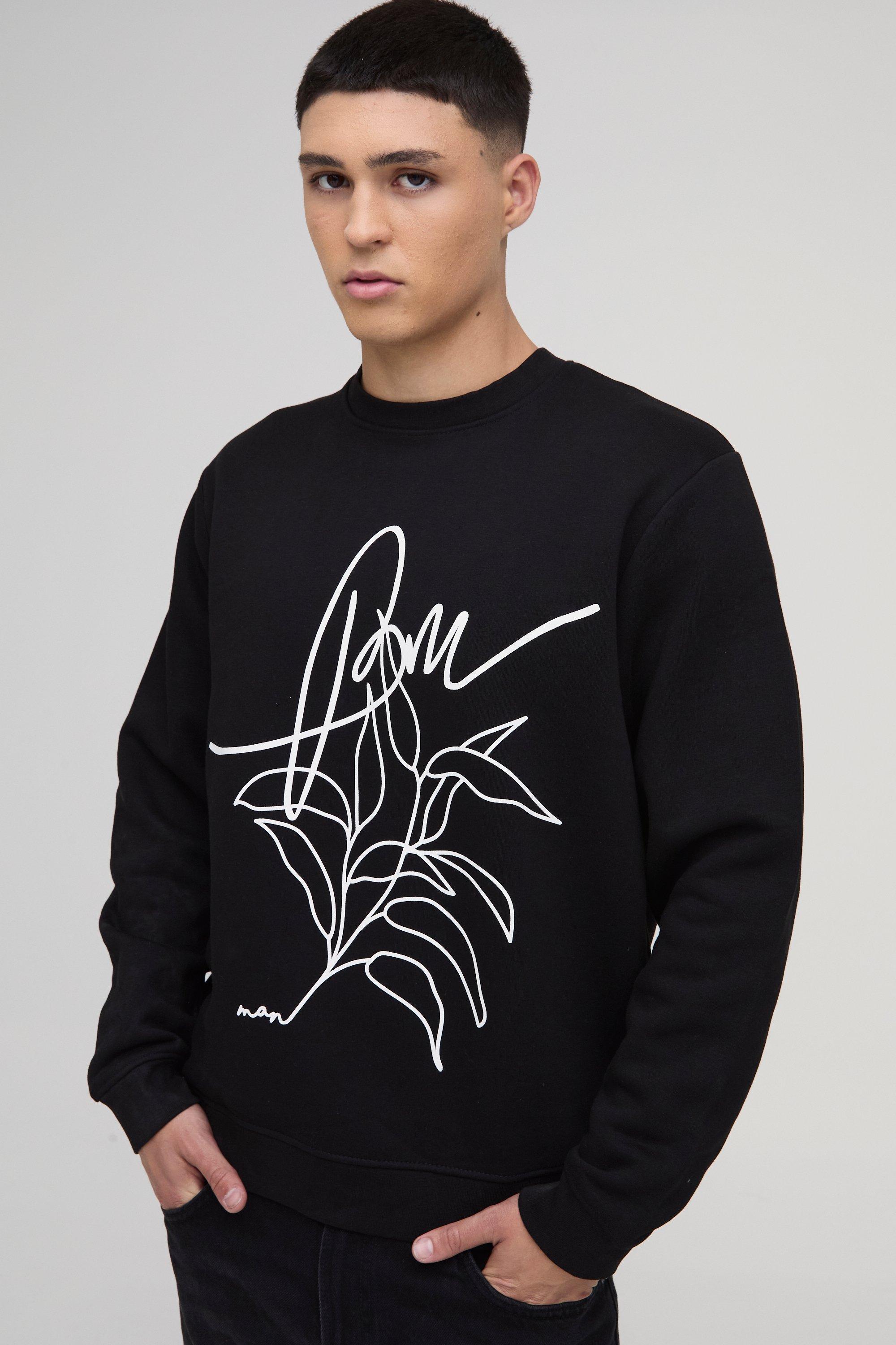 Mens Black Regular Fit BM Floral Printed Sweatshirt, Black