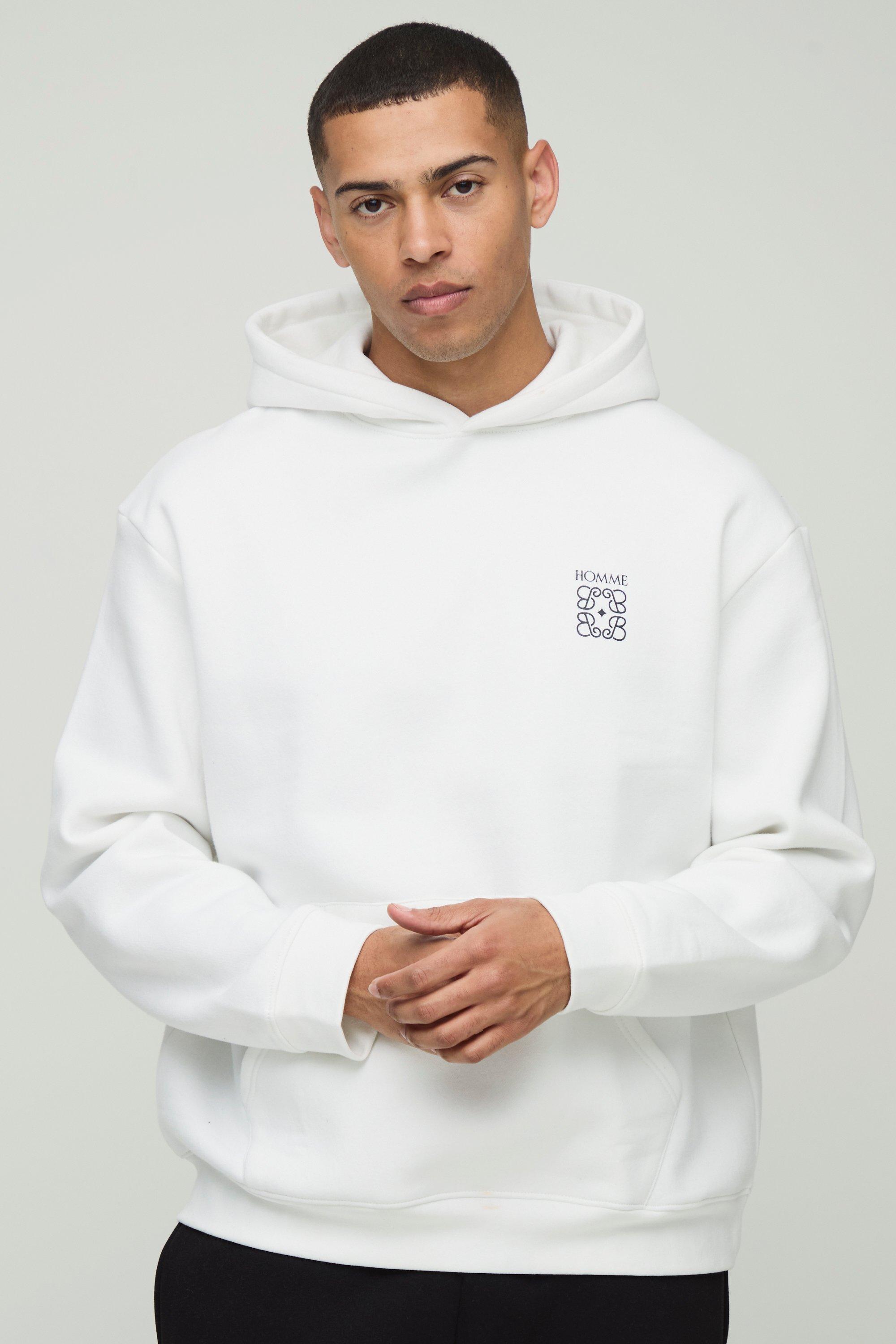 Mens White Oversized Homme Printed Hoodie, White
