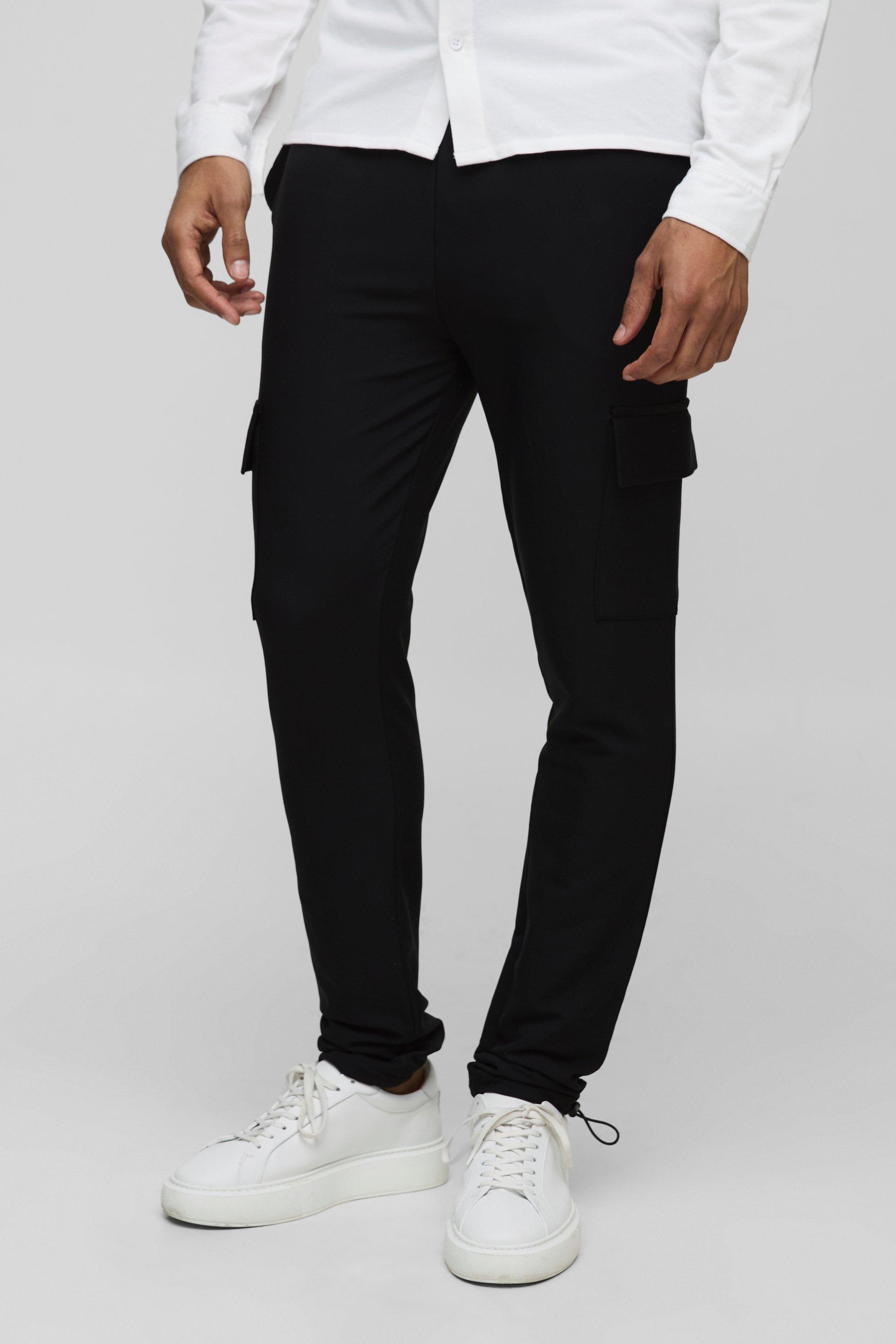Mens Black Elasticated Waist Technical Stretch Skinny Cargo Trousers, Black