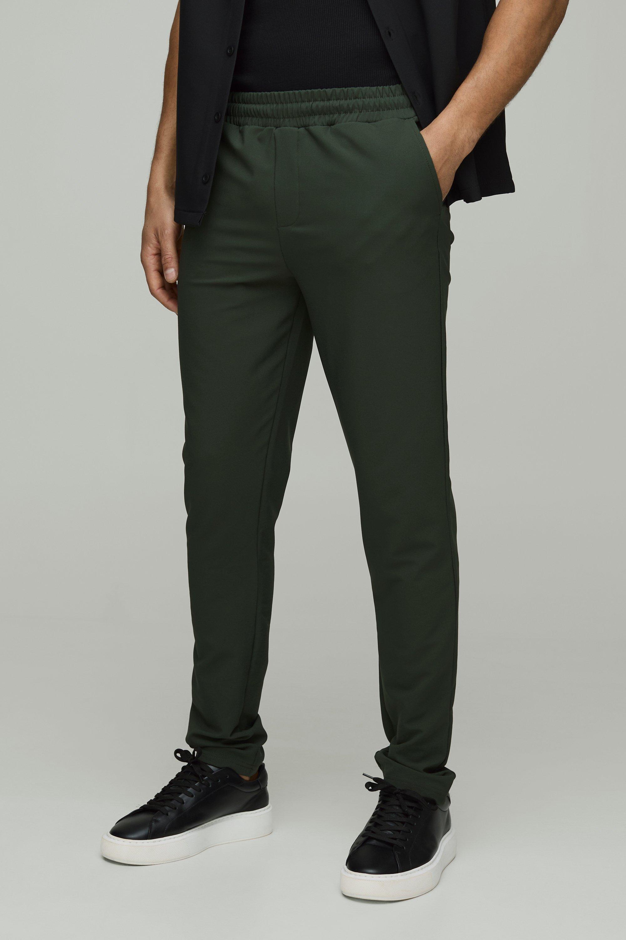 Mens Green Elasticated Waist Technical Stretch Slim Trousers, Green