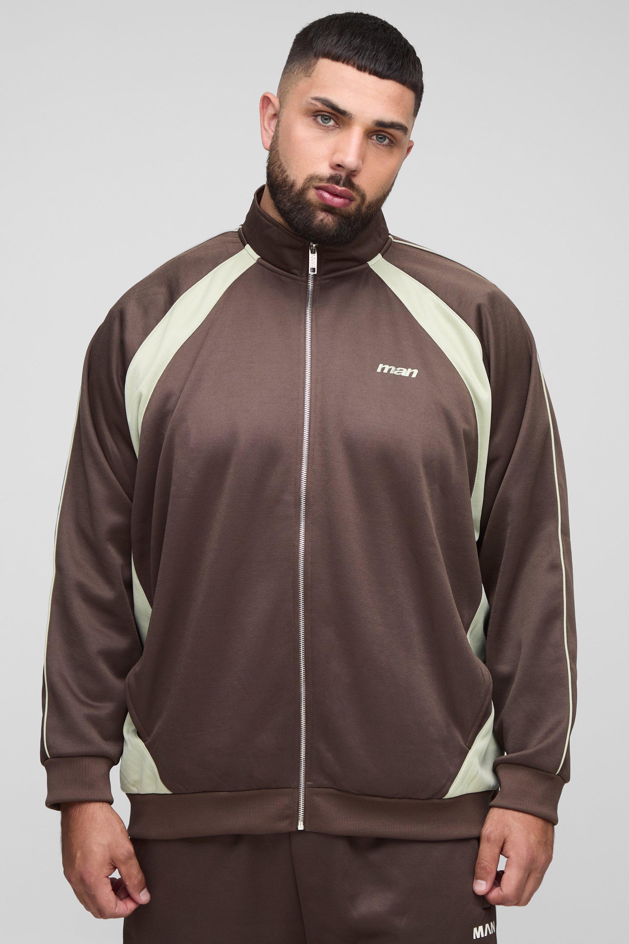 Mens Brown Plus Embroidered Regular Fit Track Jacket, Brown