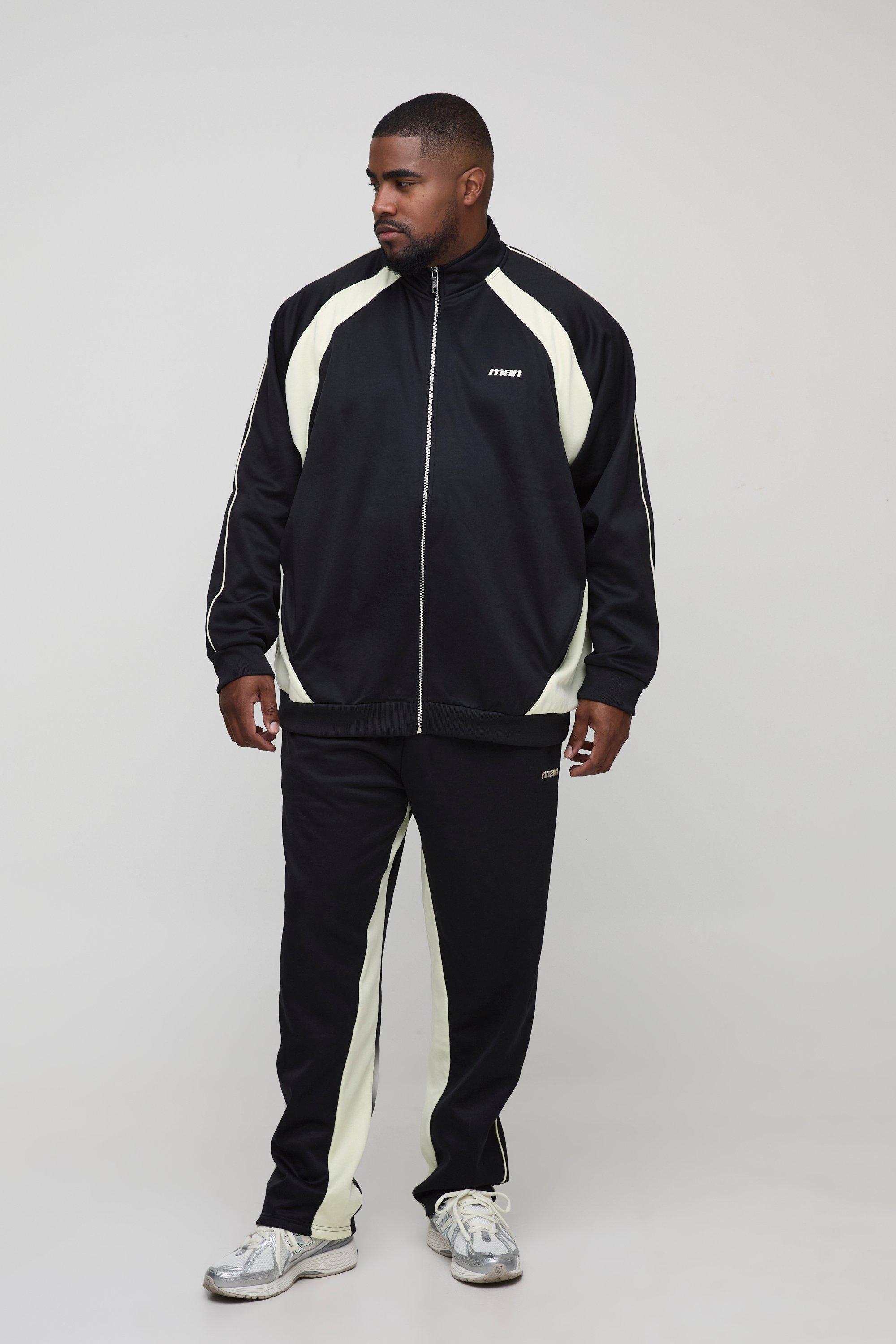 Mens Black Plus Embroidered Zip Up Sports Gusset Tracksuit, Black