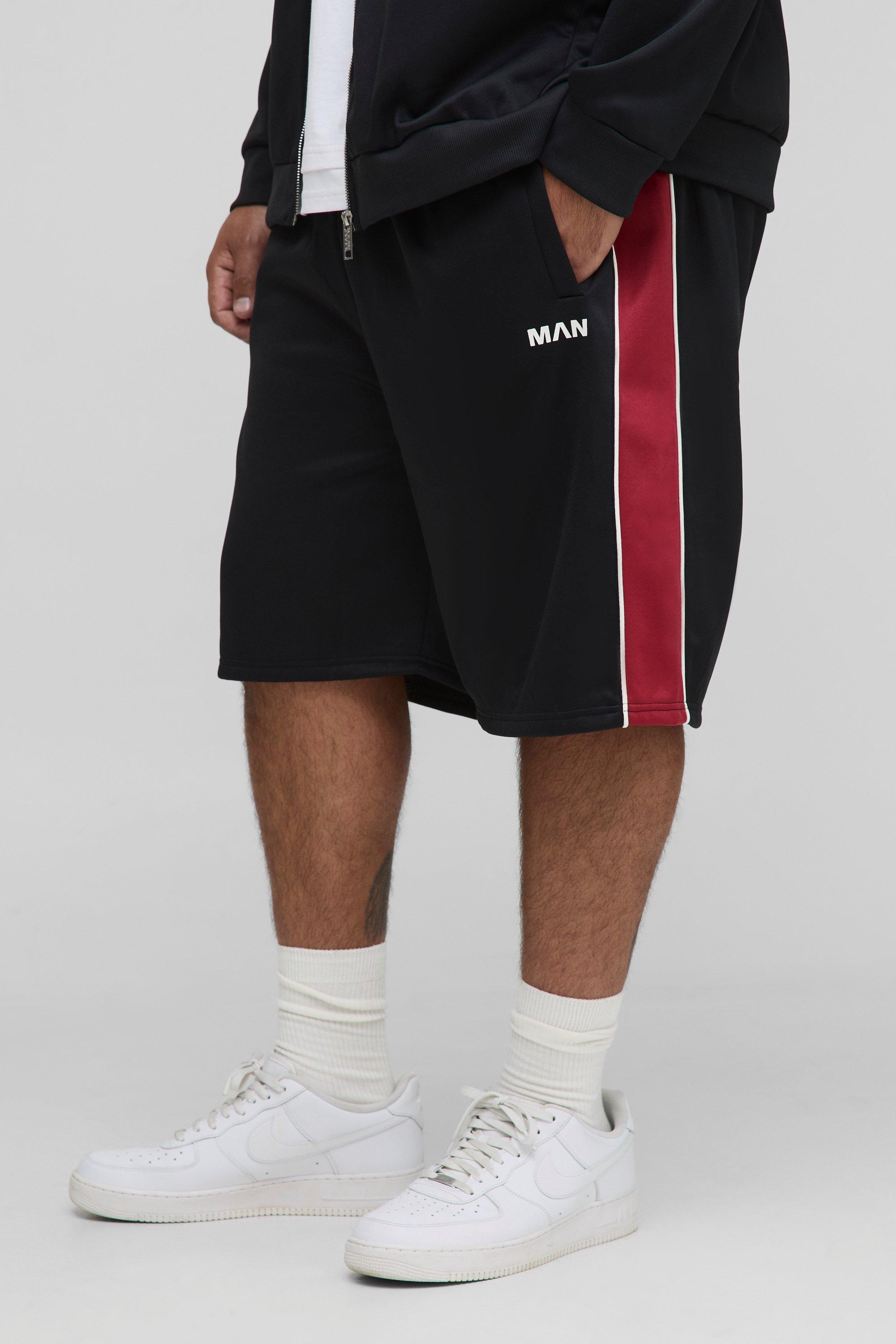 Mens Black Plus Embroidered Side Stripe Sports Shorts, Black