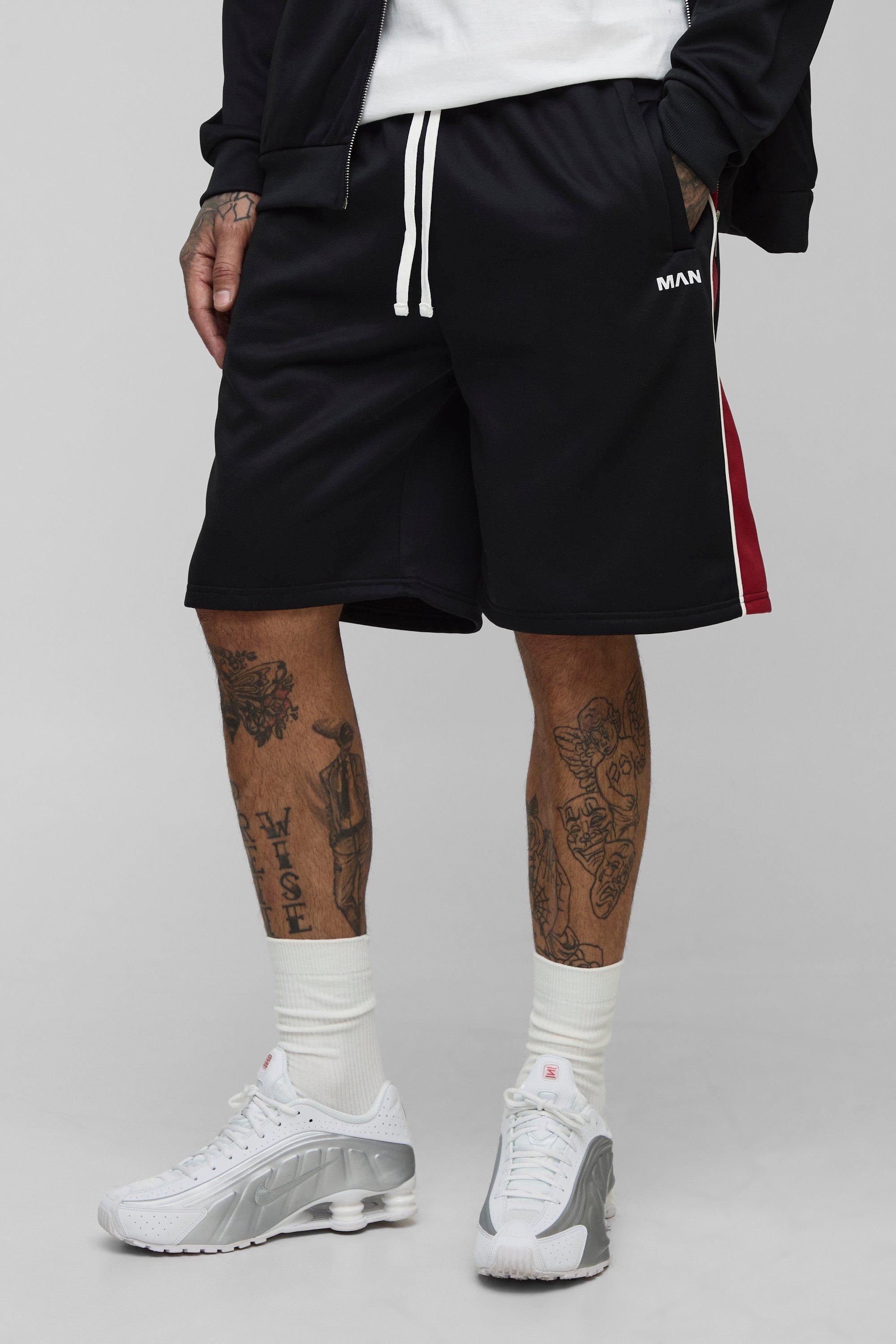 Mens Black Tall Embroidered Side Stripe Sports Shorts, Black
