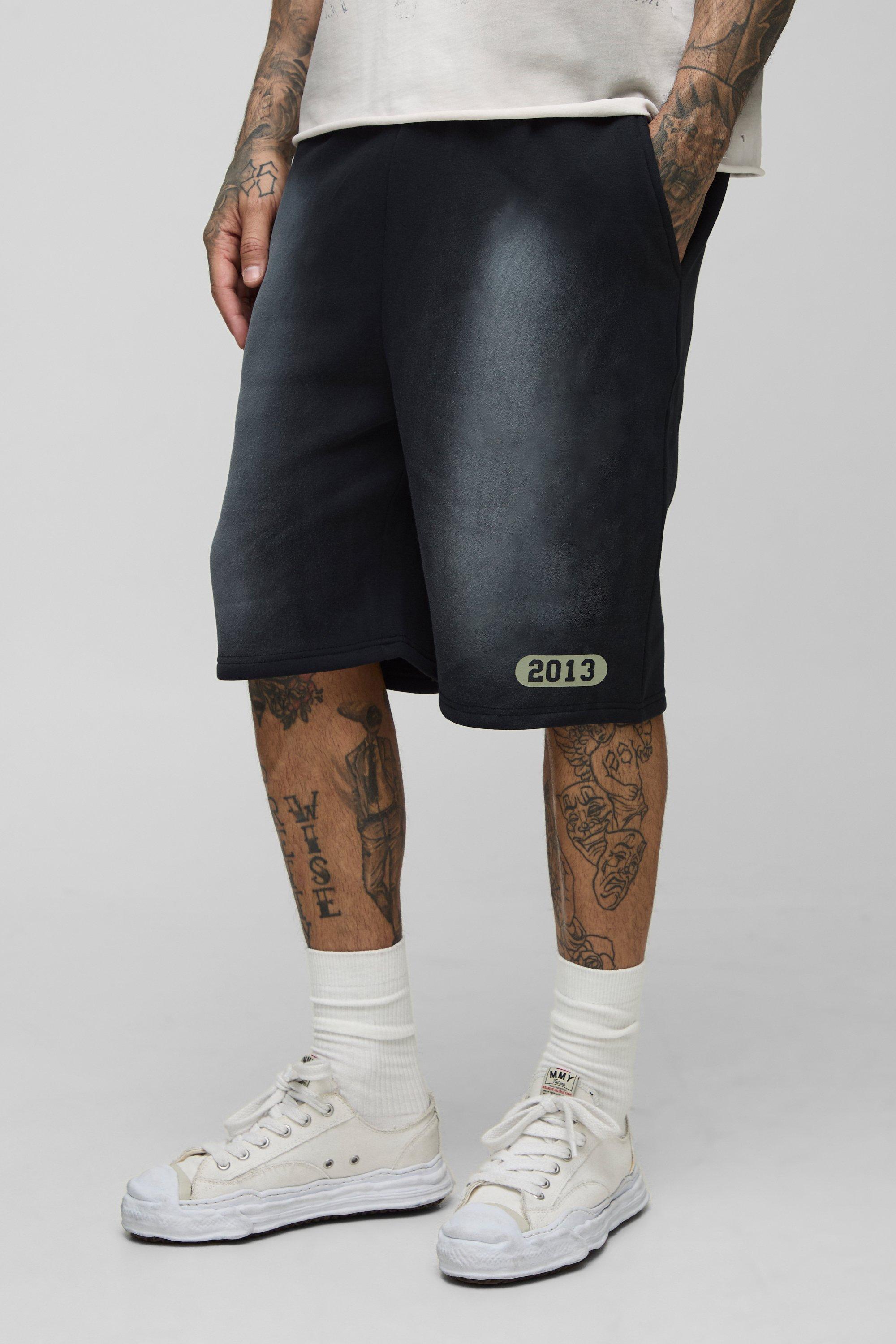 Mens Black Tall Loose Fit Spray Wash Print Jersey Shorts, Black