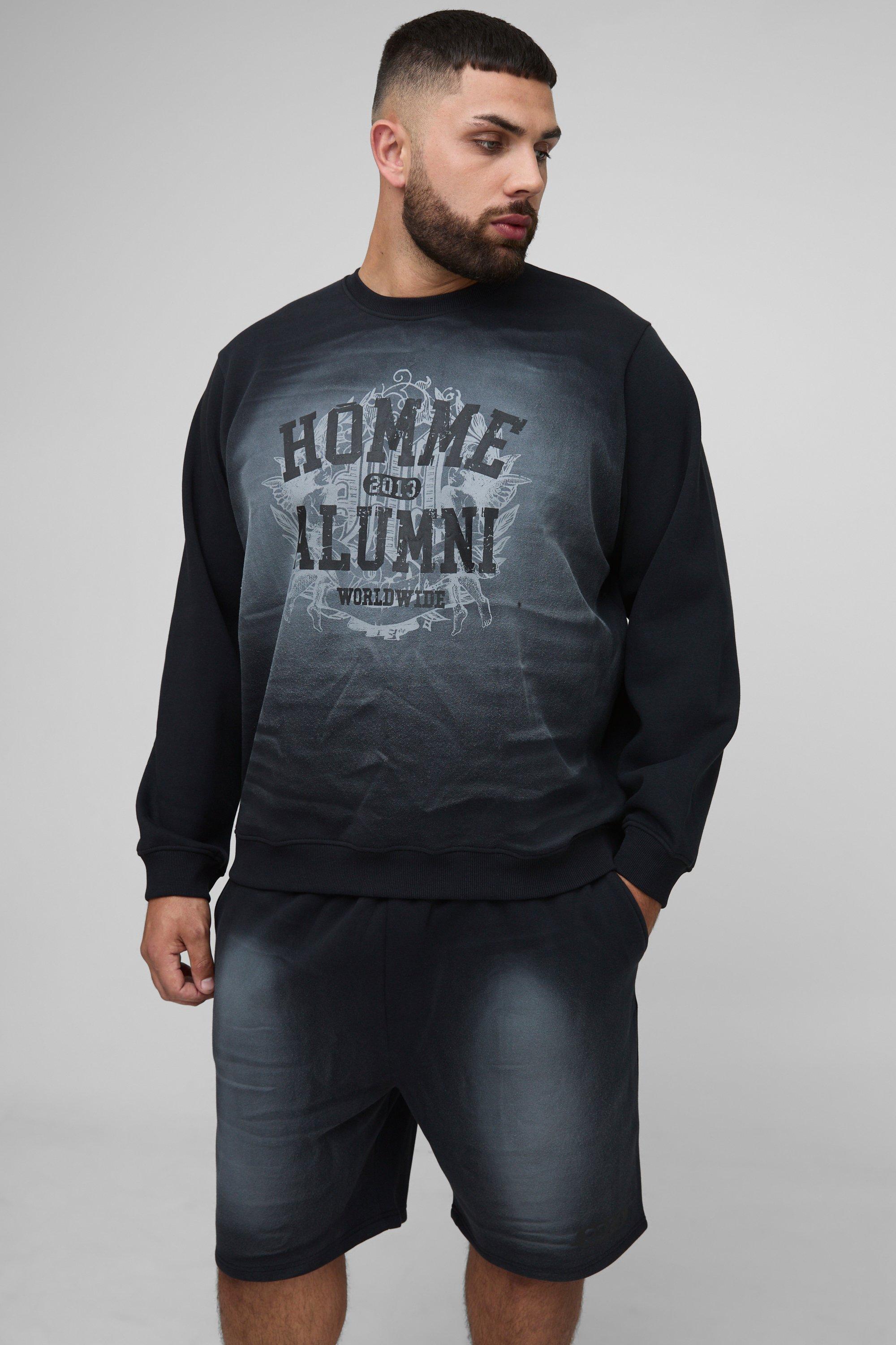 Image of Plus Homme Spray Wash Regular Fit Sweatshirt & Short Set, Nero